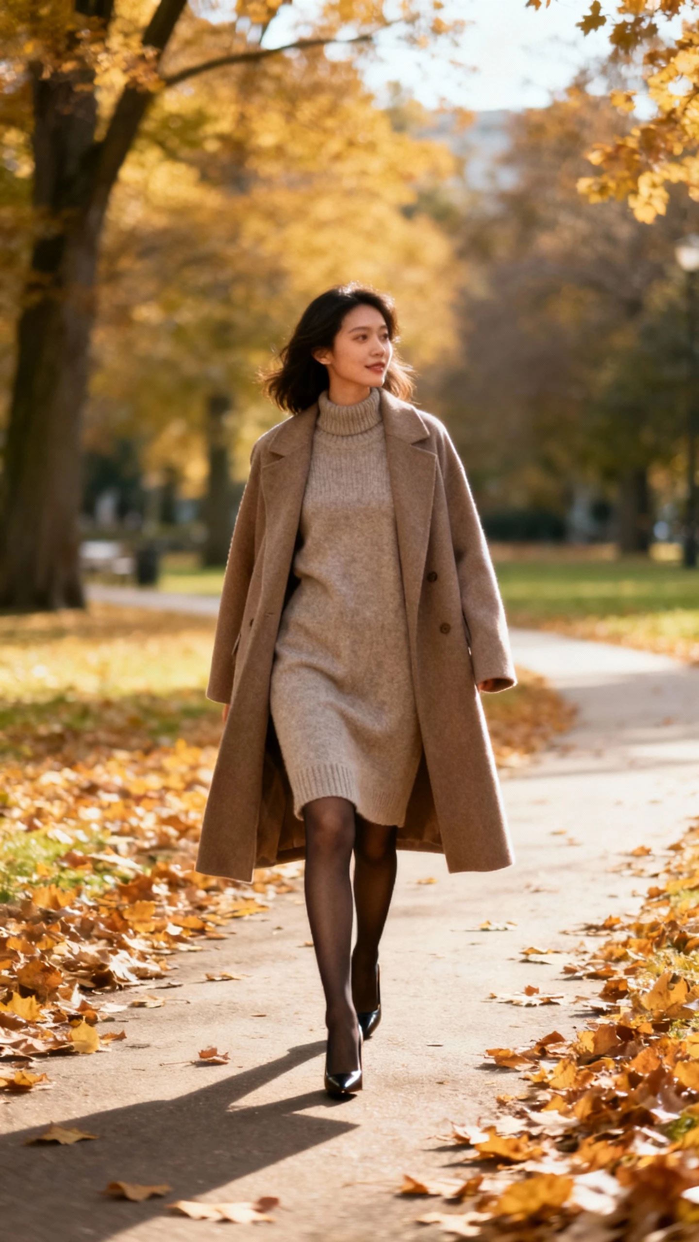 A woman in a cashmere dress layered with a long coat and sleek stockings with classic heels, walking along a park pathway with fallen leaves, casual iPhone photo style, natural daylight, outdoor setting.