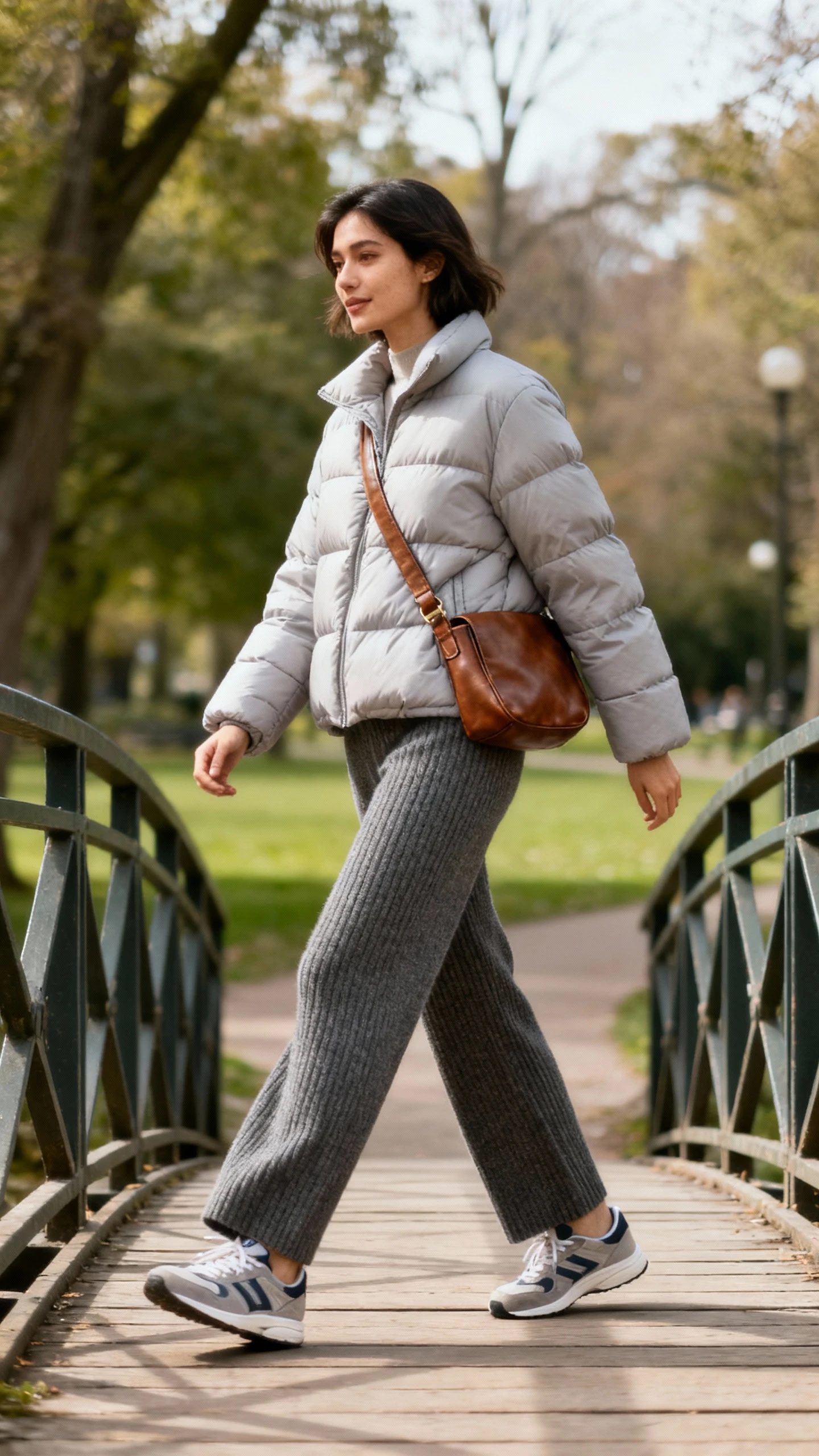 A woman in a minimal puffer jacket paired with a leather crossbody and tailored knit pants with sneakers, crossing a footbridge in the park, casual iPhone photo style, natural daylight, outdoor setting.