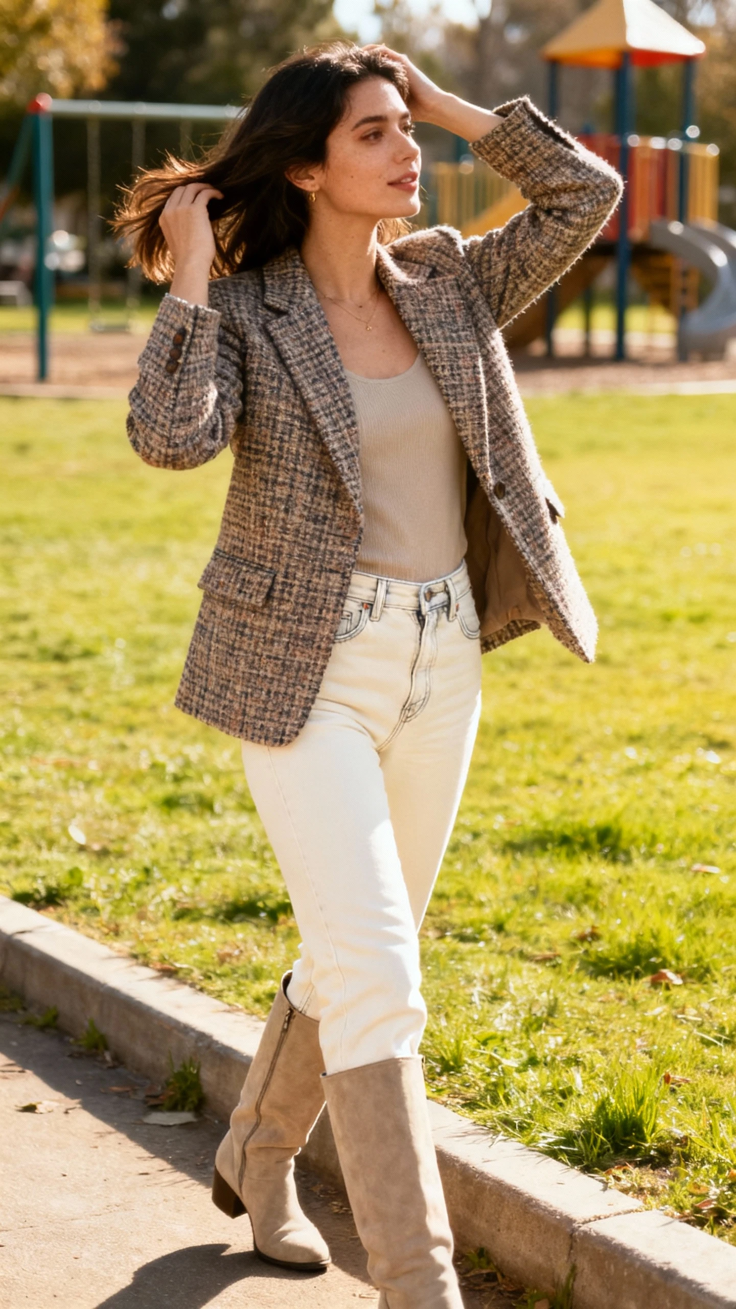 A woman in a tweed blazer with cream denim and knee-high boots, adjusting her hair by the edge of a grassy field near a playground, casual iPhone photo style, sunny day, outdoor setting.