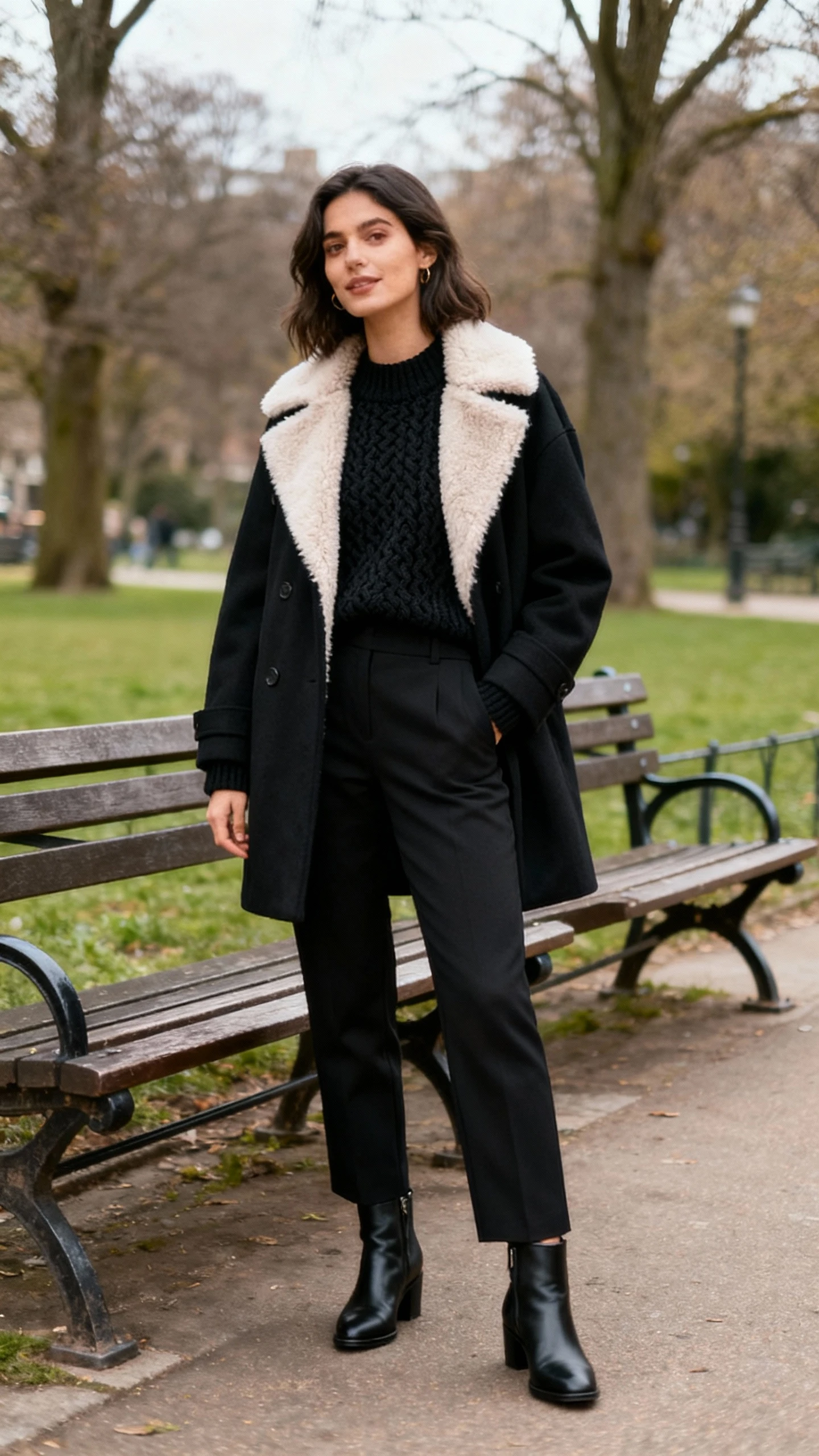 A woman in an all-black outfit featuring a coat with a shearling collar, textured knit, and tailored trousers with ankle boots, standing near park benches, casual iPhone photo style, natural daylight, outdoor setting.