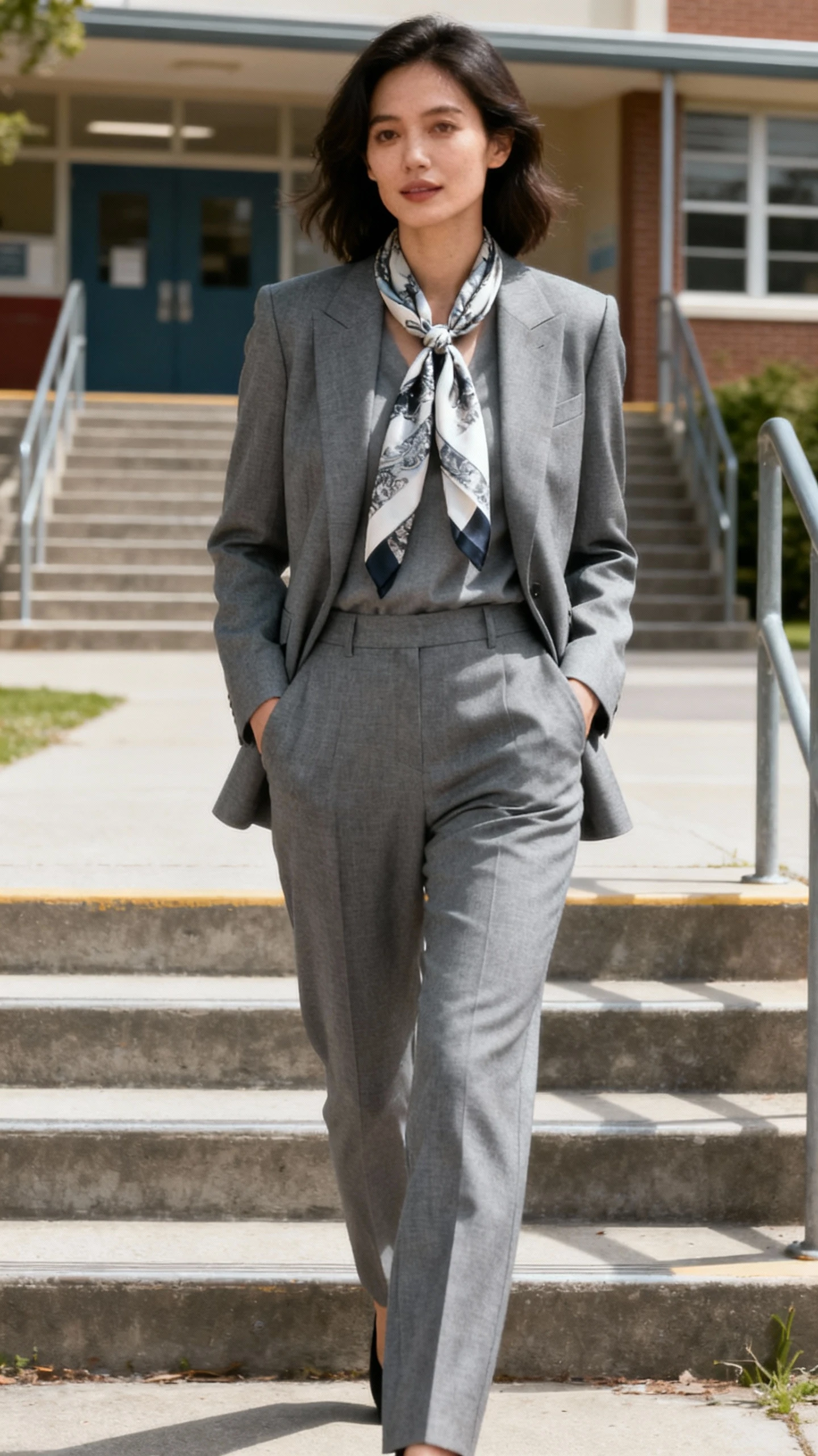 A woman in monochrome grey suiting with a silk scarf tied at the neck, hands in pockets as she walks past school steps, casual iPhone photo style, natural daylight, outdoor setting.