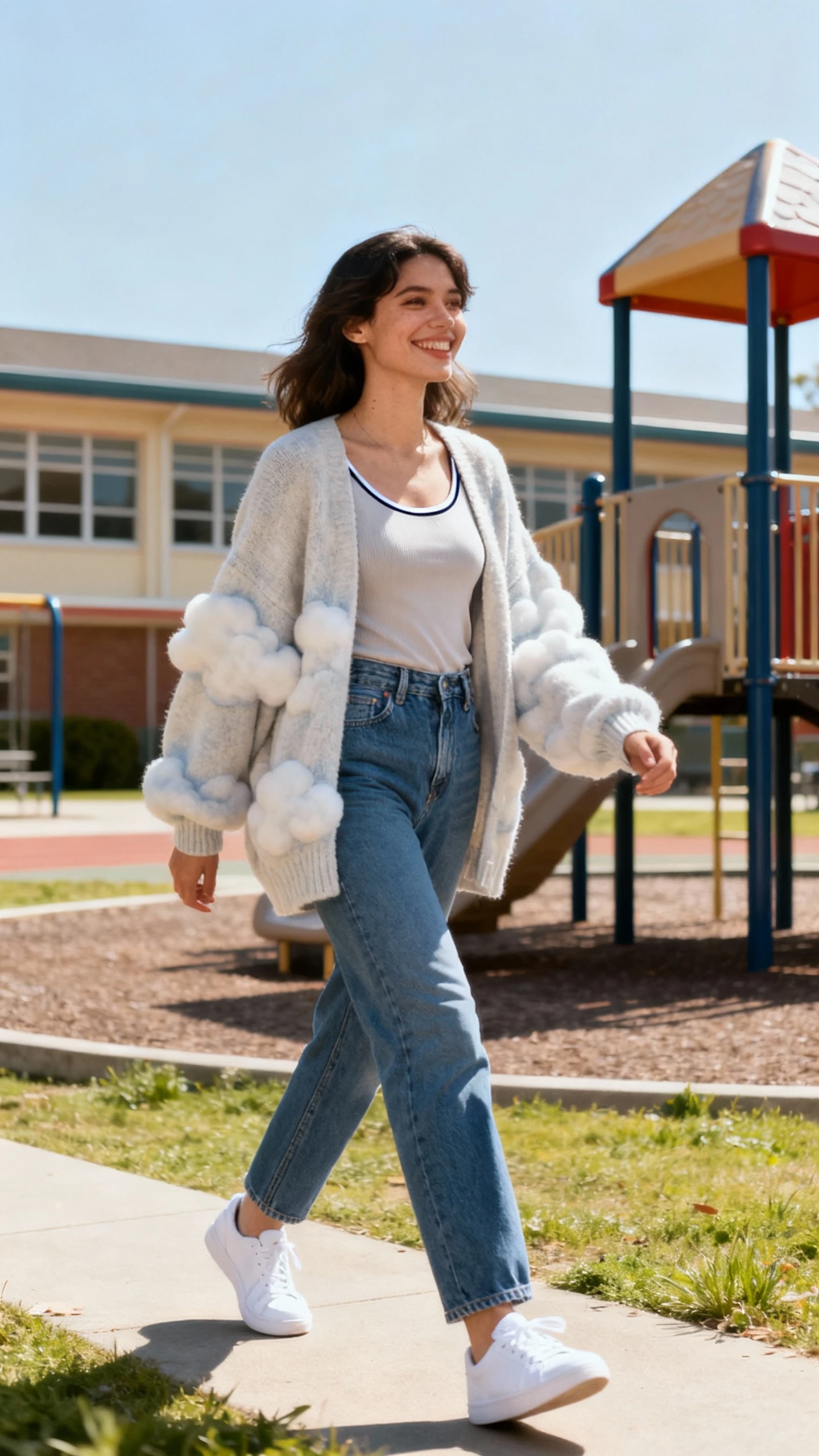 A woman wearing a cloud-soft oversized cardigan layered over a fitted long-sleeve tee with a thin camisole peeking, paired with high-waisted straight jeans and white sneakers, strolling past a school playground, casual iPhone photo style, natural daylight, outdoor setting, sunny day, candid smile.