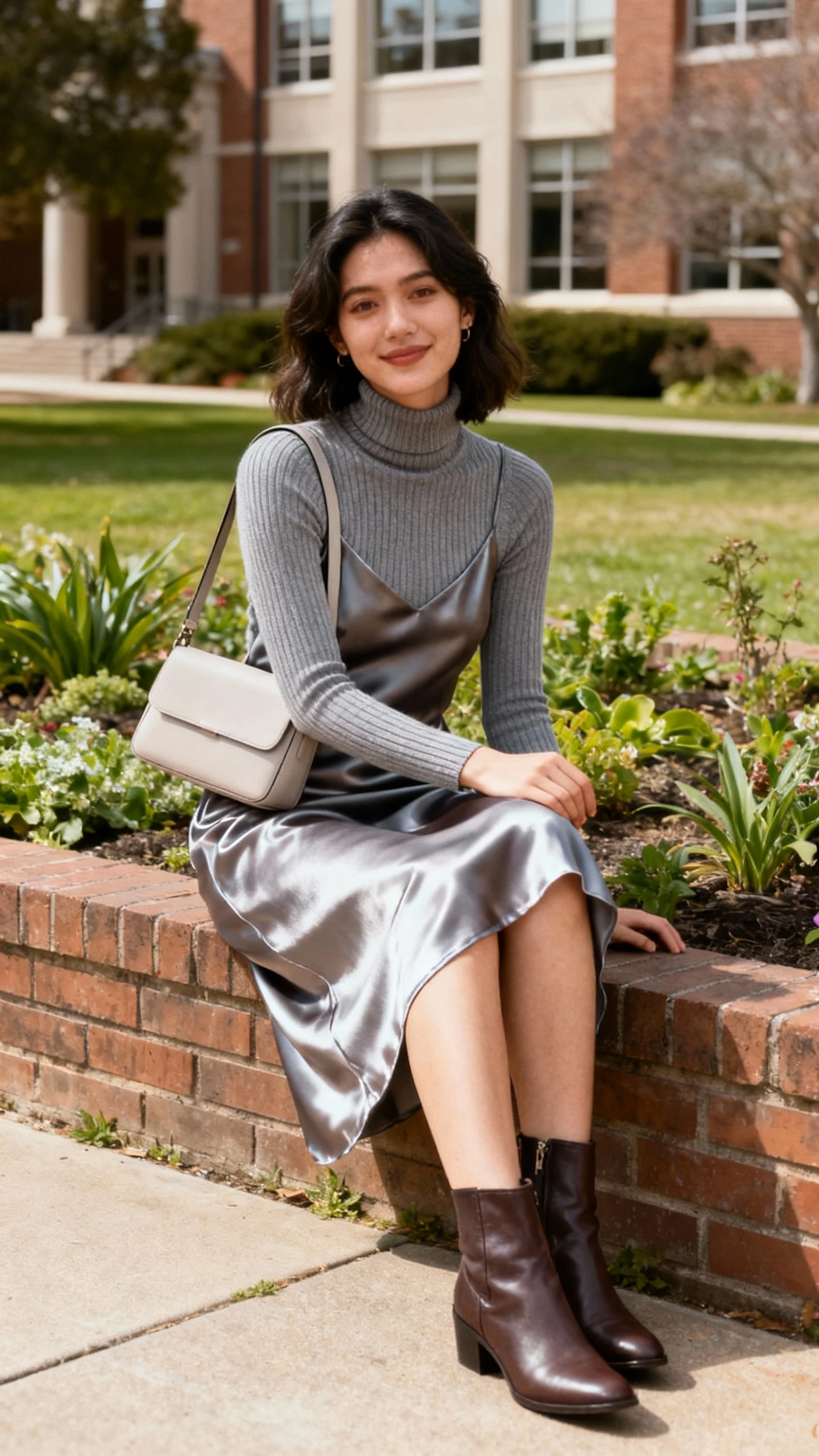A woman wearing a fitted ribbed turtleneck under a satin slip dress with ankle boots and a minimal shoulder bag, sitting on a low garden wall near campus, casual iPhone photo style, natural daylight, outdoor setting, effortless and candid.