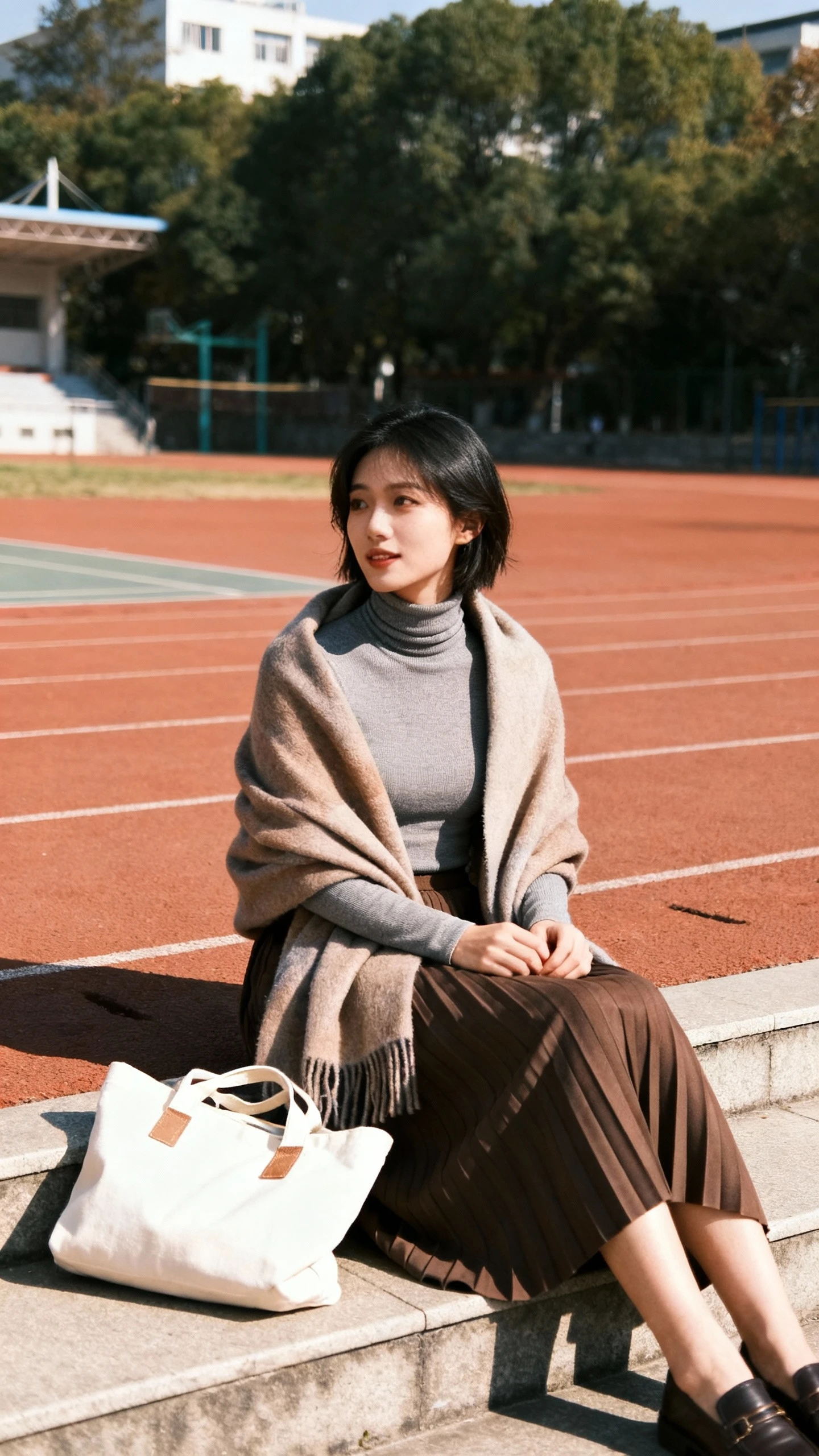 A woman wearing a fitted turtleneck, pleated skirt, and oversized scarf draped over her shoulders, sitting on low school steps with a tote beside her, casual iPhone photo style, sunny day, outdoor setting.