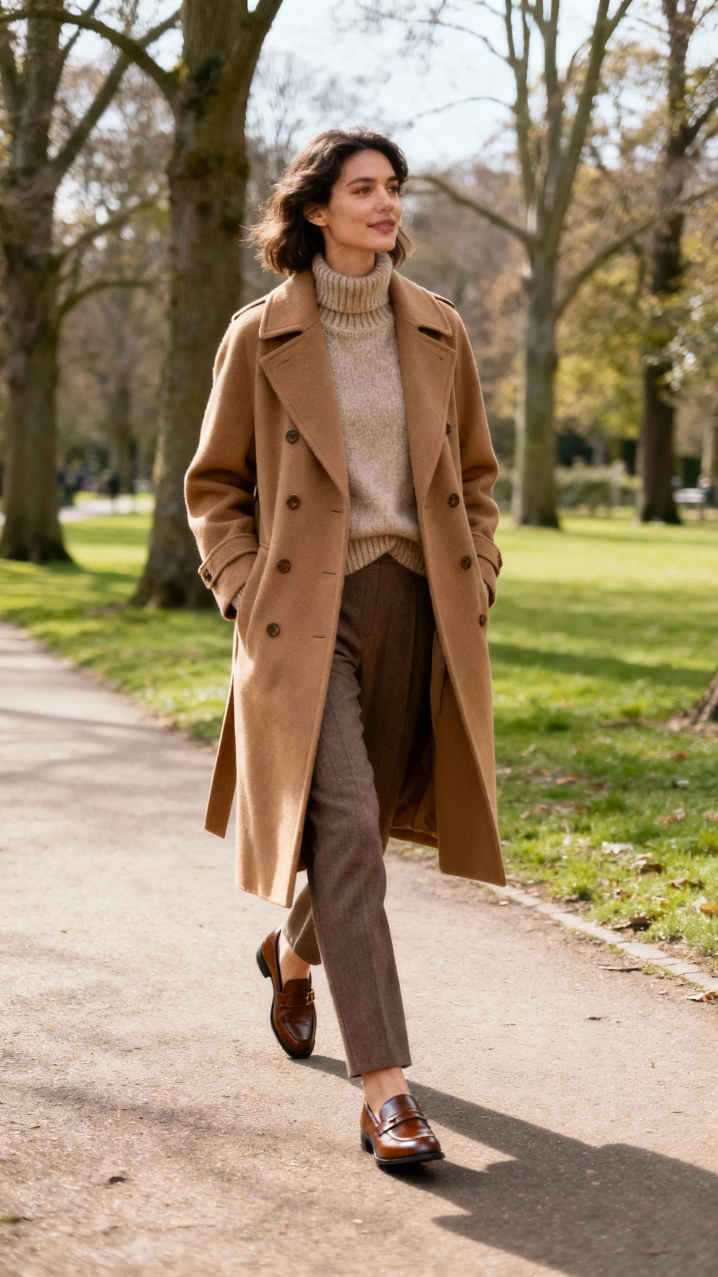 A woman wearing a heritage camel coat over layered cashmere knitwear with tailored trousers and leather loafers, strolling along a tree-lined park path, casual iPhone photo style, natural daylight, outdoor setting.