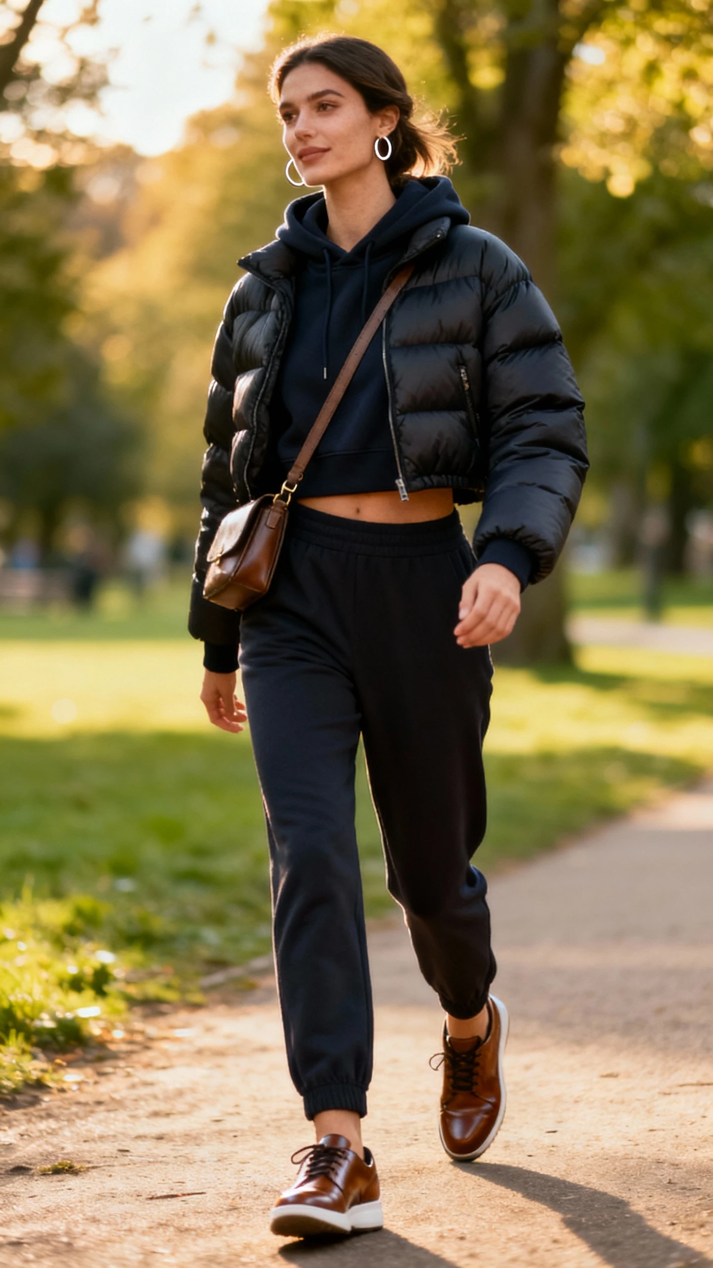 A woman wearing a sleek hoodie under a cropped puffer jacket with tapered joggers and clean leather trainers, crossbody bag and simple hoops, walking a path in a park, casual iPhone photo style, natural daylight, outdoor setting, polished yet relaxed.