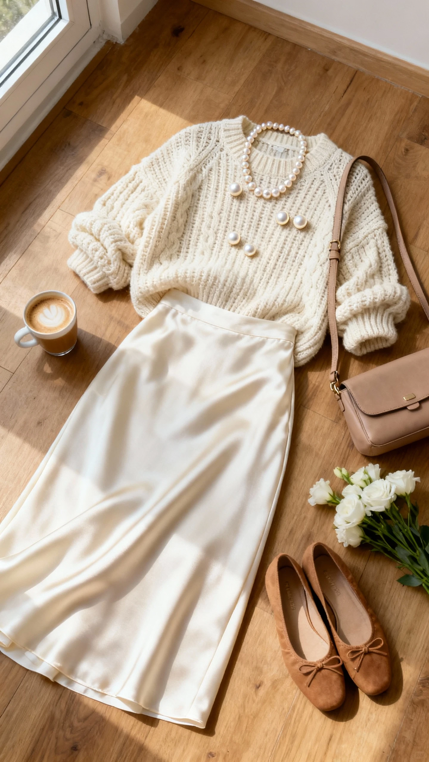Flat lay overhead of an ivory silk bias midi skirt, chunky cream fisherman knit sweater, strand of classic pearls with matching pearl studs, tan ballet flats, soft taupe crossbody bag, on a wooden floor with a latte and fresh white flowers; bright natural window light, no person visible, organized composition, iPhone photo aesthetic.