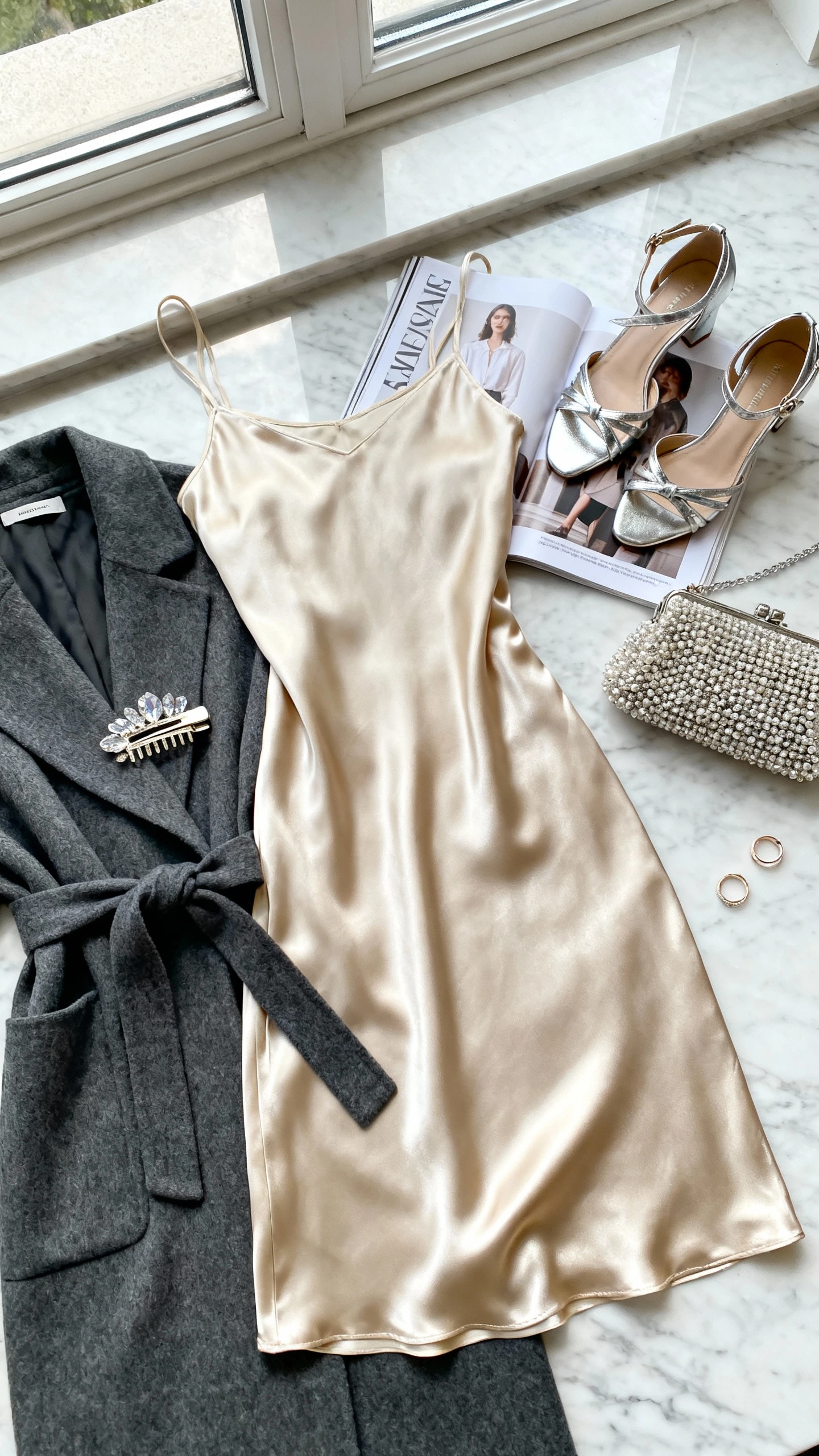 Flat lay overhead view of a champagne satin slip dress, floor-dusting charcoal wrap coat, subtle crystal hair clip, strappy metallic heels, beaded evening bag, delicate stacking rings, on a marble surface with a fashion magazine; bright natural window light, no person visible, organized composition, iPhone photo aesthetic.