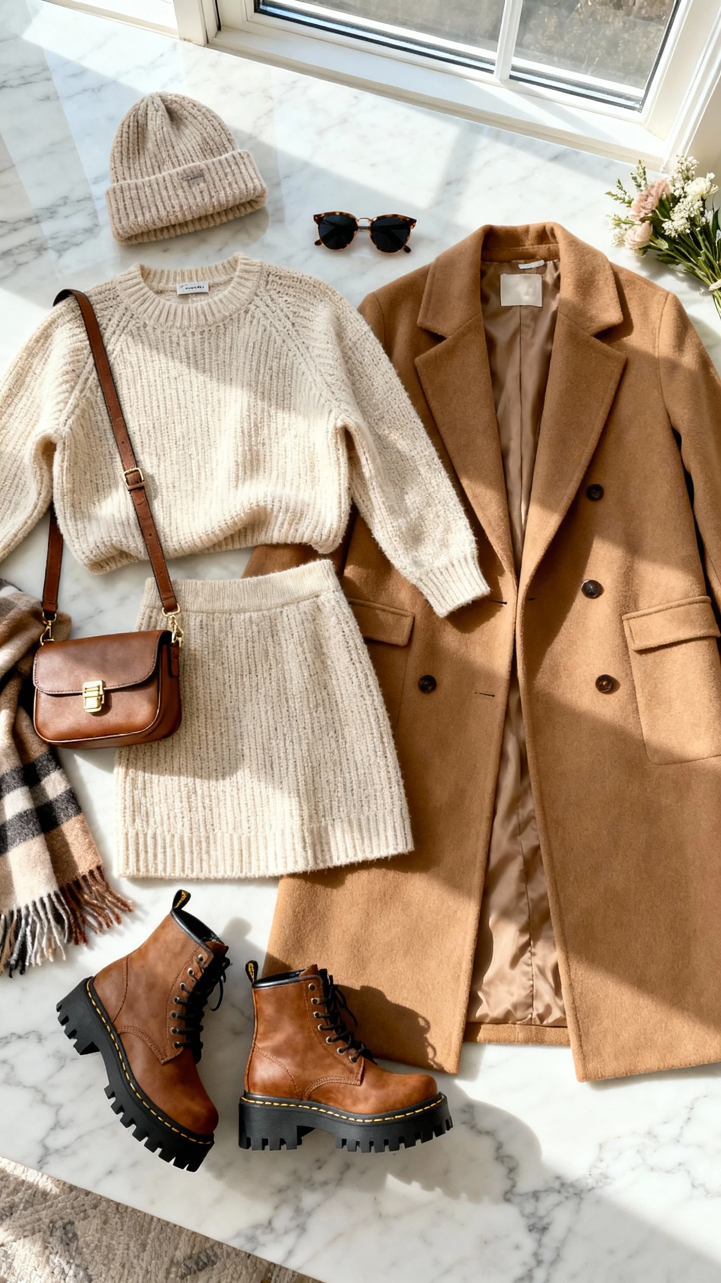 Flat lay overhead view of a cozy-cute knit set (matching sweater and skirt), statement long coat in camel, lug-sole boots, crossbody bag, knit beanie, and scarf on a marble surface; add sunglasses and a small bouquet as props, bright natural window light, no person visible, organized composition, iPhone photo aesthetic.