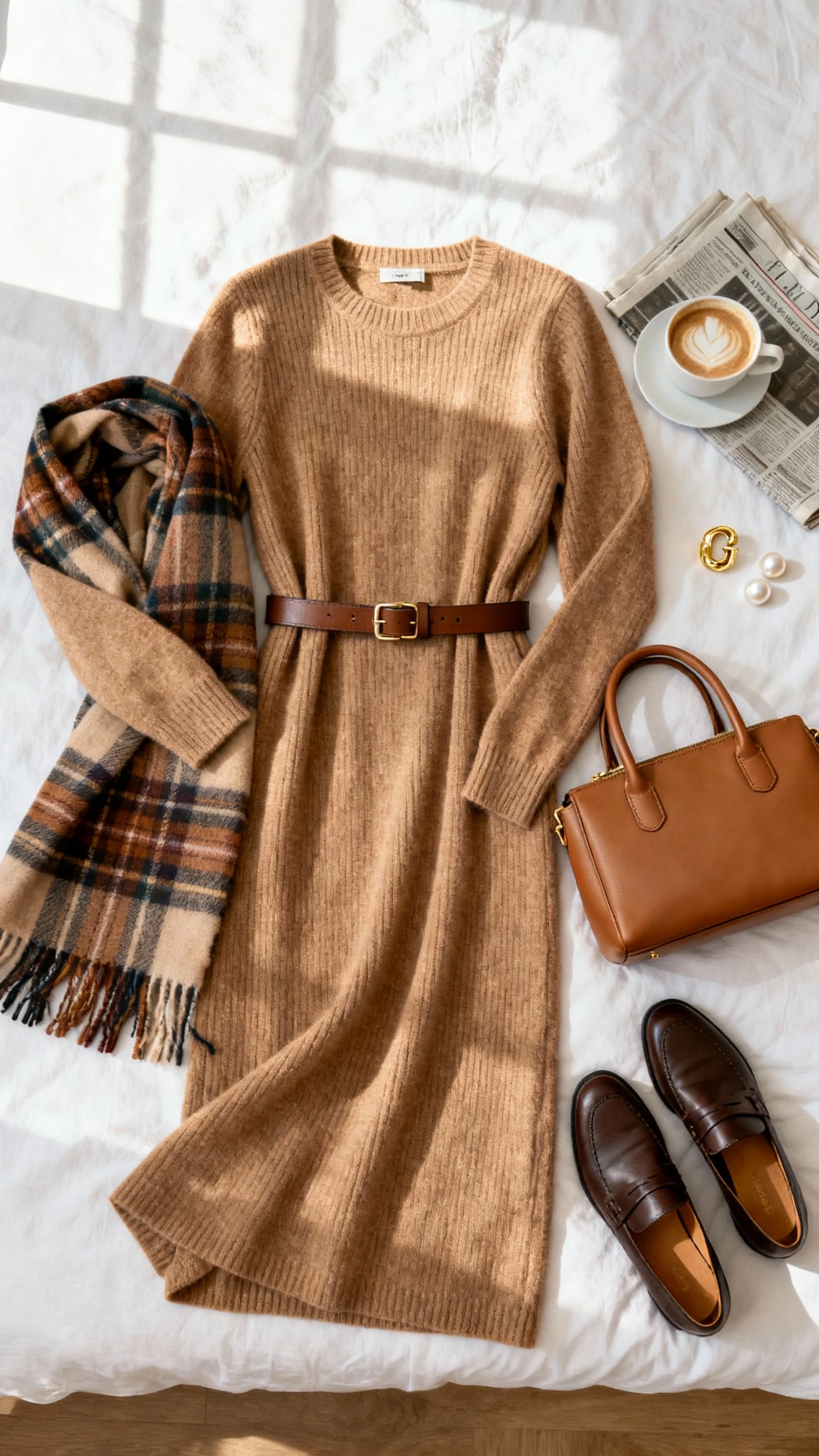 Flat lay overhead view of a long camel cashmere sweater dress, heritage plaid scarf, slim leather belt, classic loafers, structured tan top-handle bag, gold signet ring and pearl studs, arranged on a white bedspread with a cappuccino and folded newspaper; bright natural window light, no person visible, organized composition, iPhone photo aesthetic.