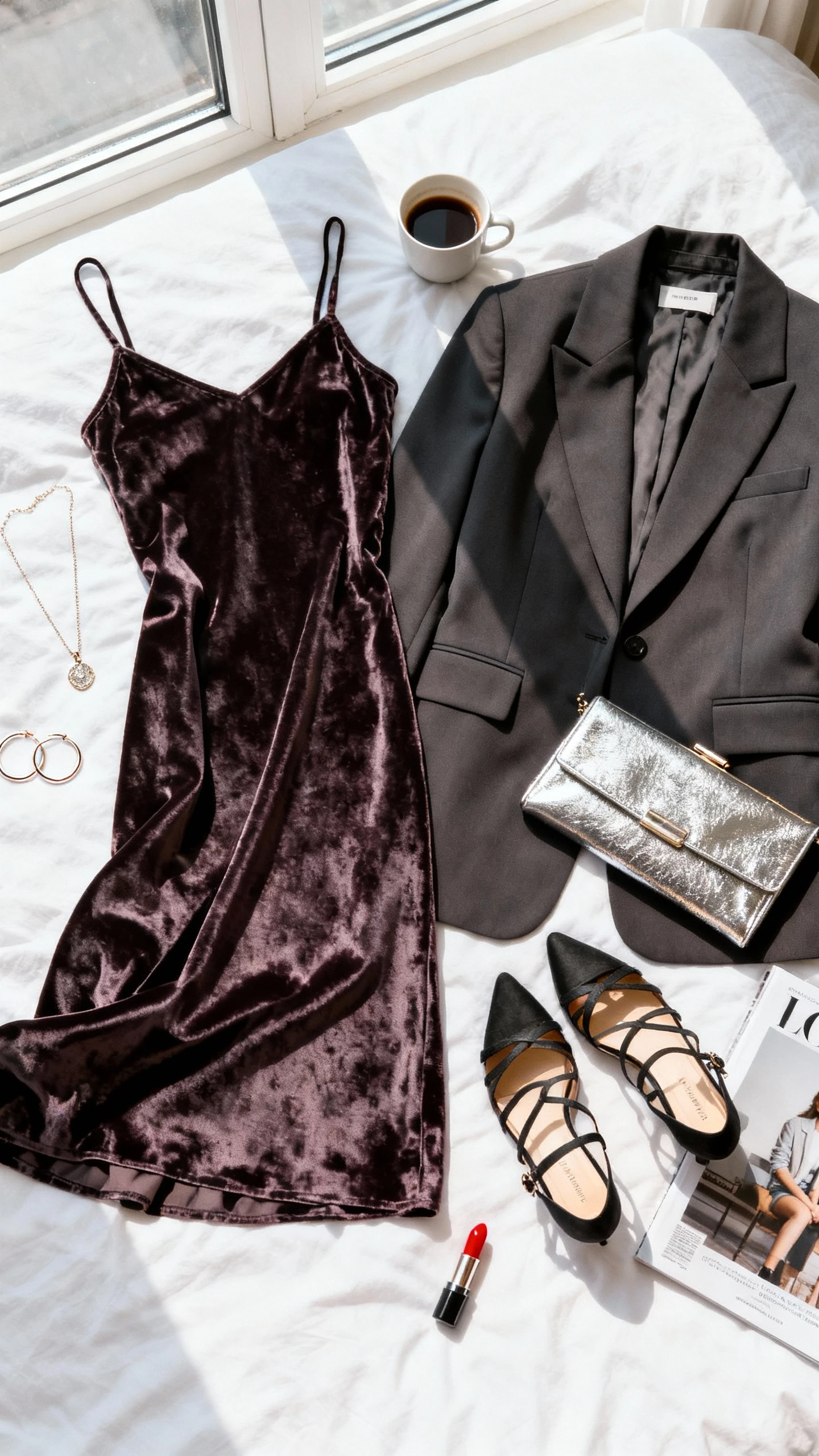 Flat lay overhead view of a velvet slip dress, structured power blazer, strappy heels, metallic clutch, delicate pendant necklace, hoop earrings, and red lipstick arranged on a white bedspread; add a small coffee cup and fashion magazine as props, bright natural window light, no person visible, organized composition, iPhone photo aesthetic.
