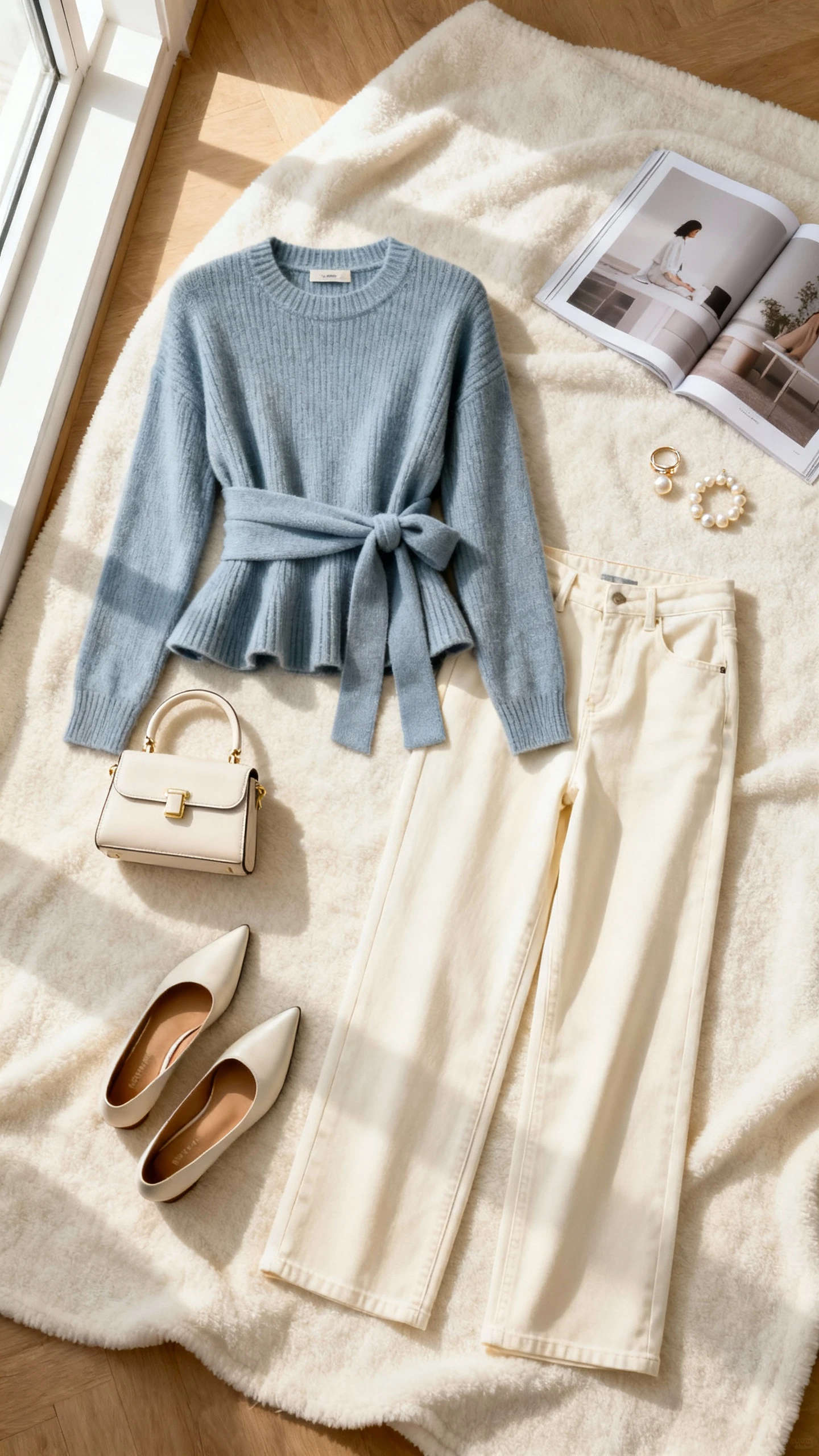 Flat lay overhead view of peplum or wrap sweater styled with crisp ecru wide-leg jeans, pointed-toe flats, petite top-handle bag, pearl earrings, and dainty ring stack on a cream blanket with a lifestyle magazine as prop, bright natural window light, no person visible, organized composition, iPhone photo aesthetic.