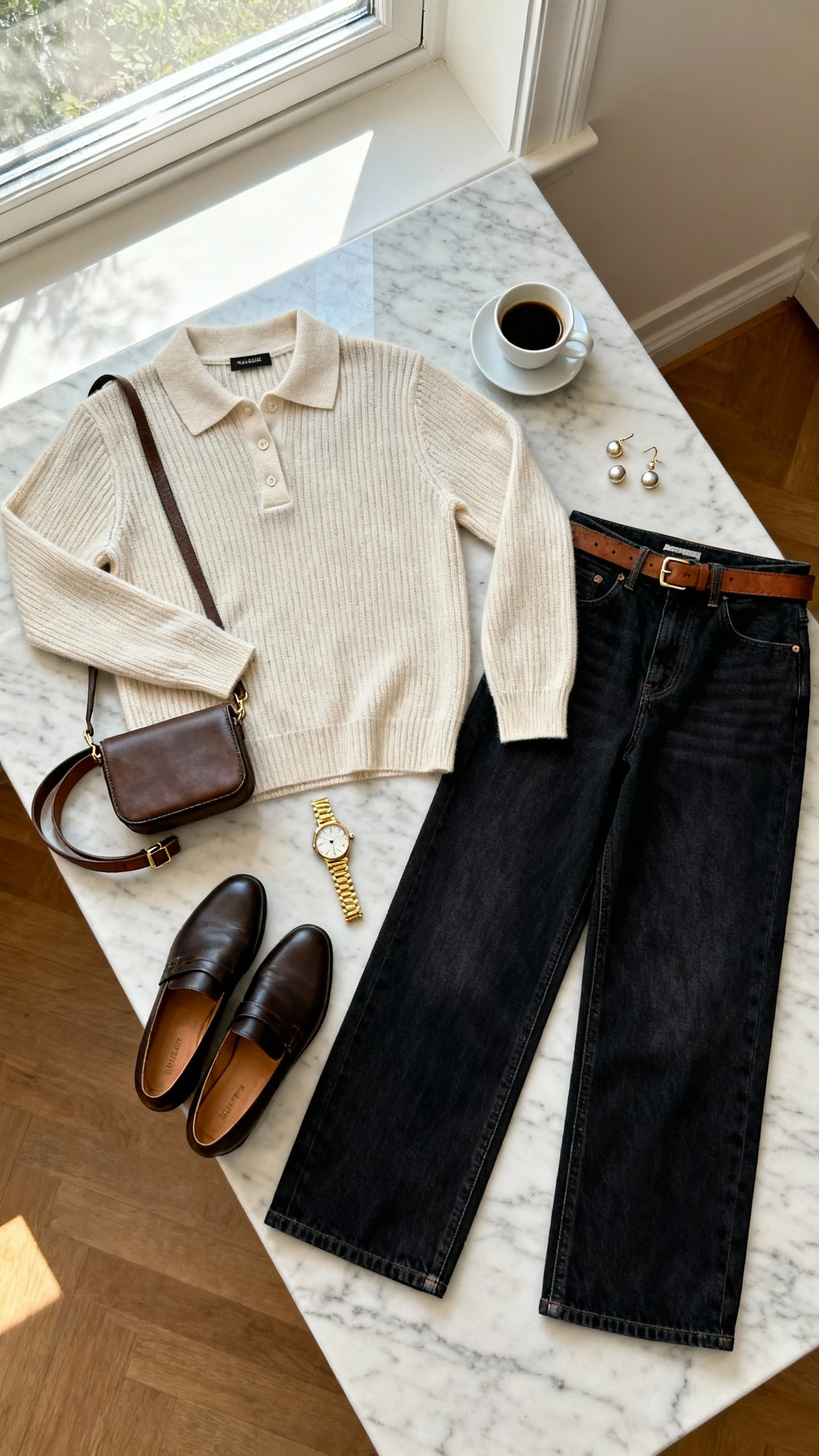 Flat lay overhead view of polished polo knit sweater with dark-wash wide-leg jeans, loafers, slim leather belt, structured mini crossbody, gold watch, and understated stud earrings on a marble countertop with an espresso cup as prop, bright natural window light, no person visible, organized composition, iPhone photo aesthetic.