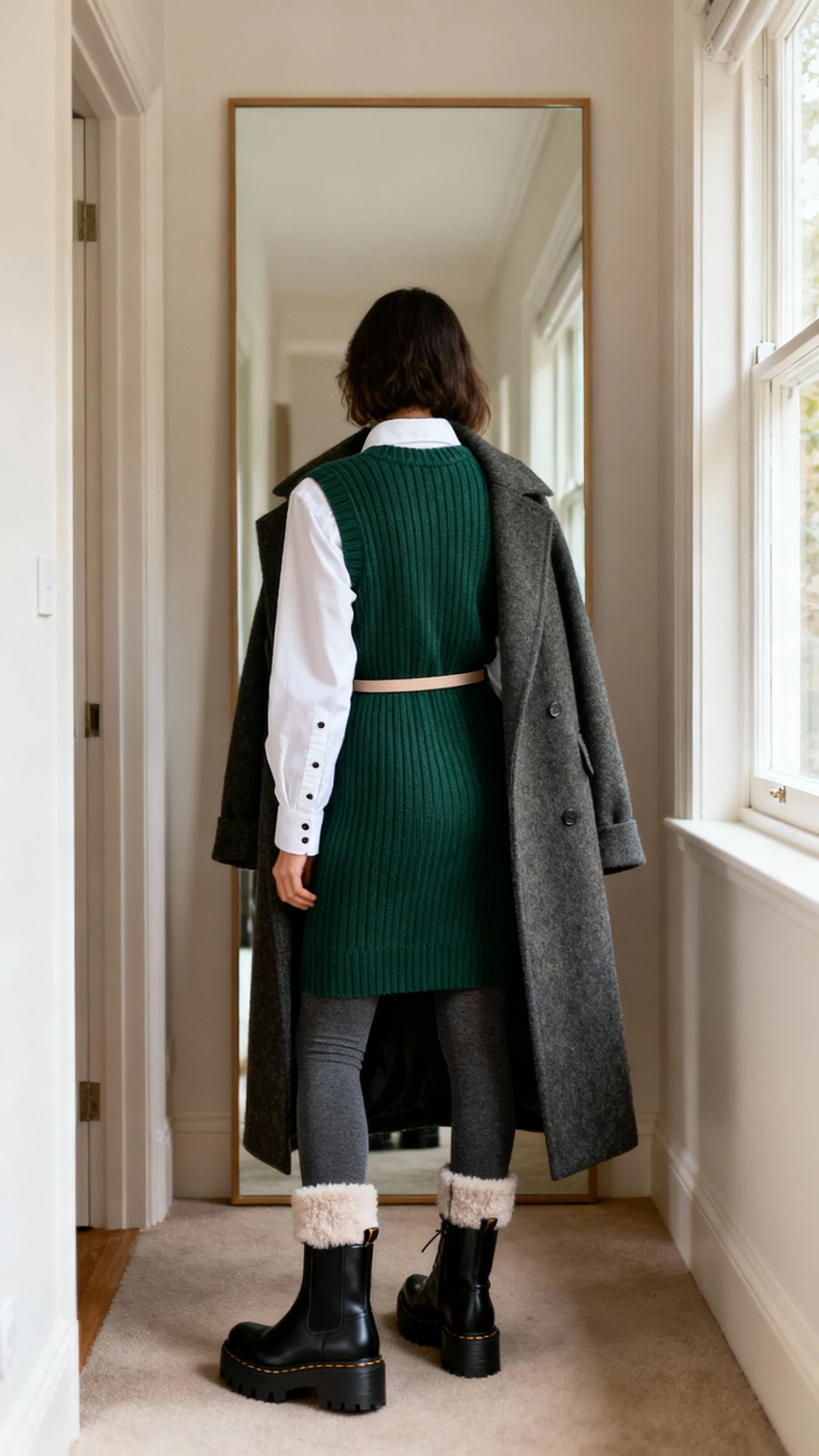 iPhone back view of a woman wearing a ribbed forest green sweater dress layered over a crisp white button-up shirt, fleece-lined tights, chunky black Chelsea boots, a longline wool coat, and a thin belt at the waist, face not visible, hallway full-length mirror, morning window light, iPhone photo quality.