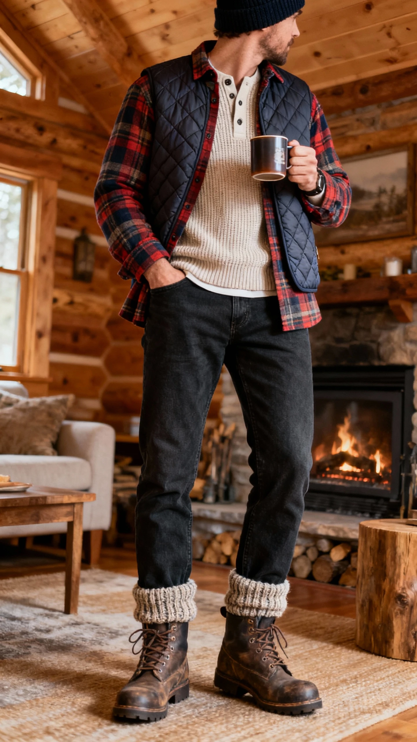 iPhone back-view selfie of a man in a flannel overshirt layered over a waffle henley, quilted vest, relaxed dark jeans, chunky wool socks and rugged boots, beanie, holding a mug; cozy cabin living room by a fireplace, warm indoor lighting, face not visible, natural iPhone photo.
