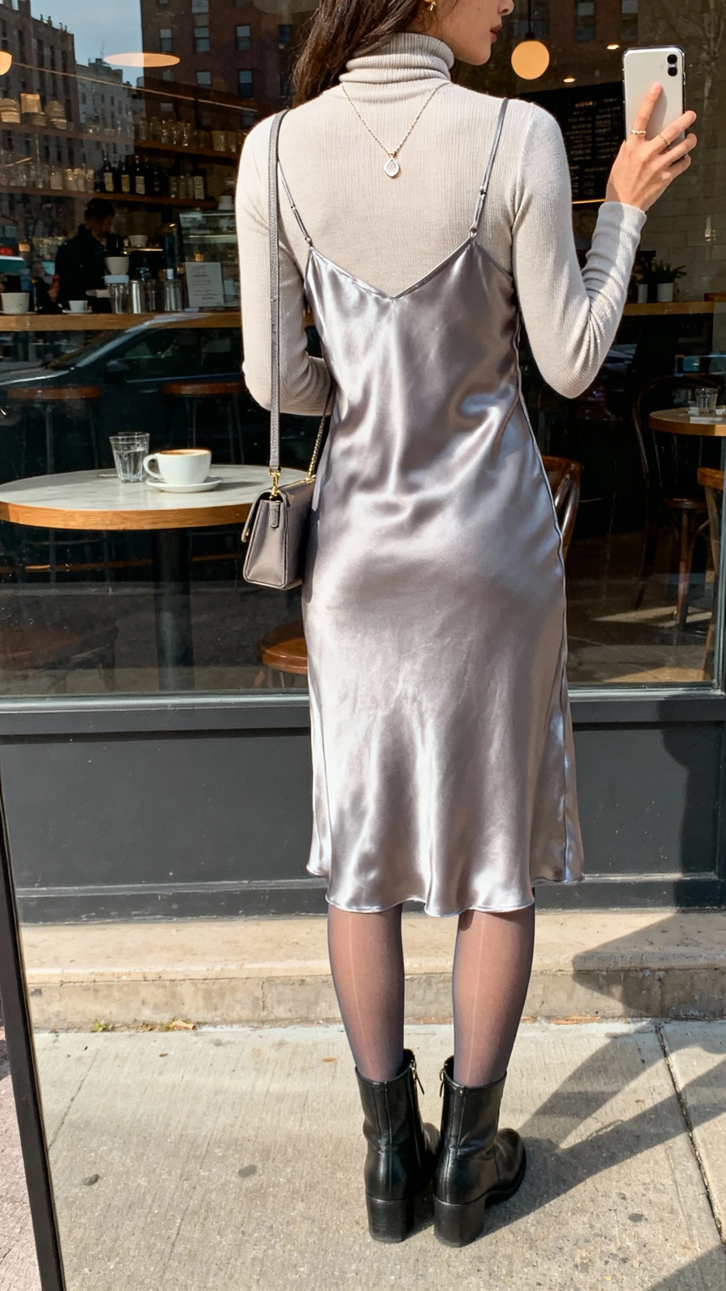 iPhone back-view selfie of a woman in a satin slip dress layered over a fitted turtleneck, sheer tights, ankle boots, delicate pendant, small shoulder bag, face not visible, city cafe window reflection, soft morning light, natural iPhone photo.