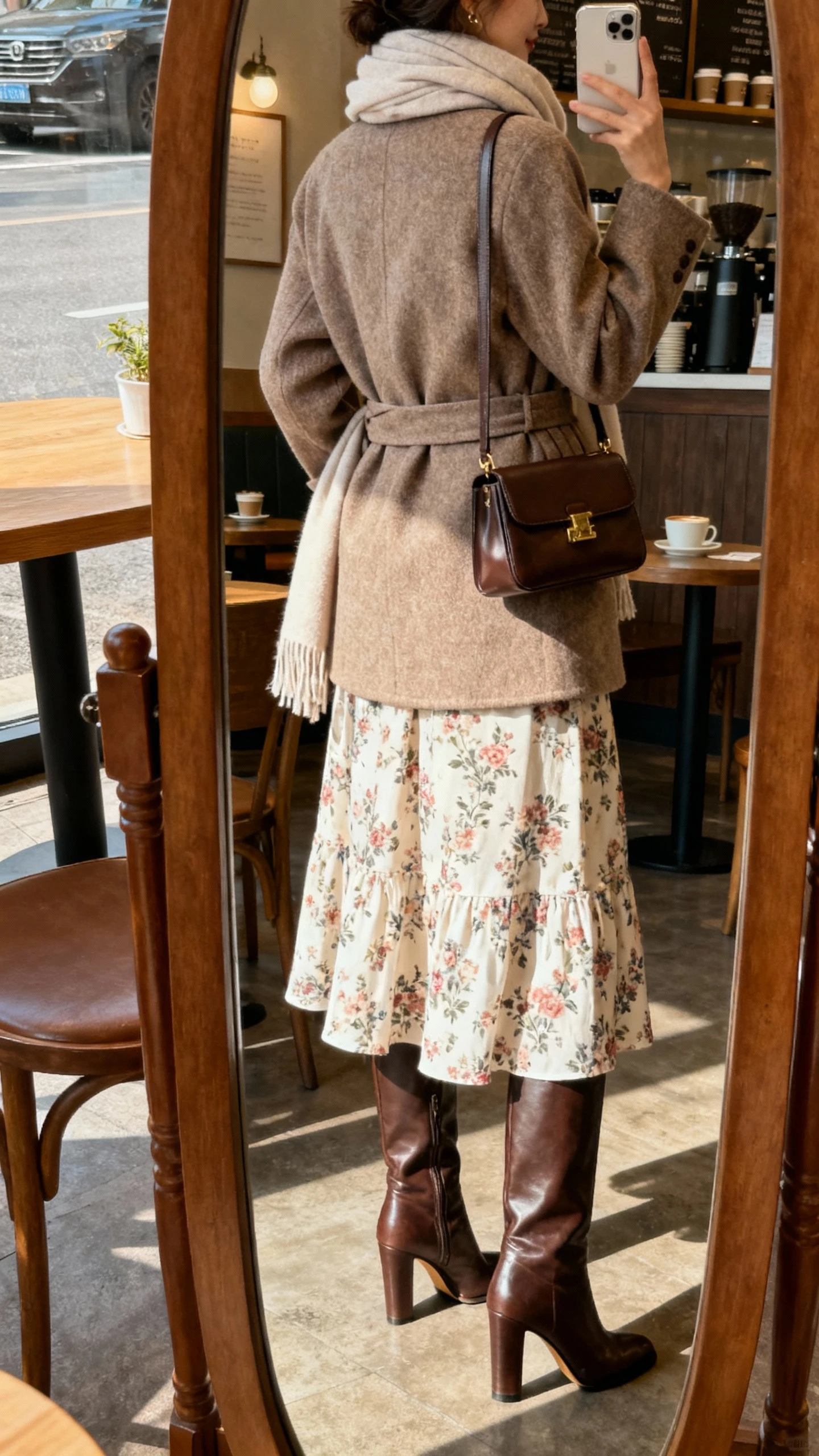 iPhone back-view selfie of a woman wearing a floral romantic midi dress, tall heeled leather boots, belted wool coat cinched at the waist, soft scarf and structured satchel, face not visible, taken in a coffee shop mirror, gentle afternoon light, natural iPhone photo