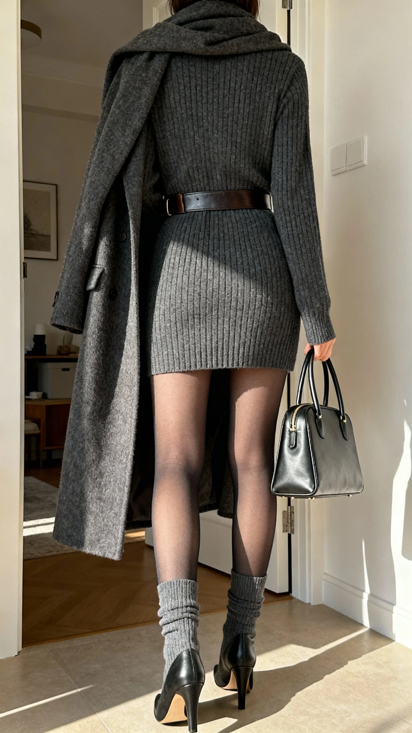 iPhone back-view selfie of a woman wearing a ribbed sweater dress (charcoal) cinched with a leather belt, layered with a long wool coat draped over shoulders, opaque tights, heeled sock boots, structured top-handle bag, face not visible, apartment entryway, natural indoor light, iPhone photo quality.