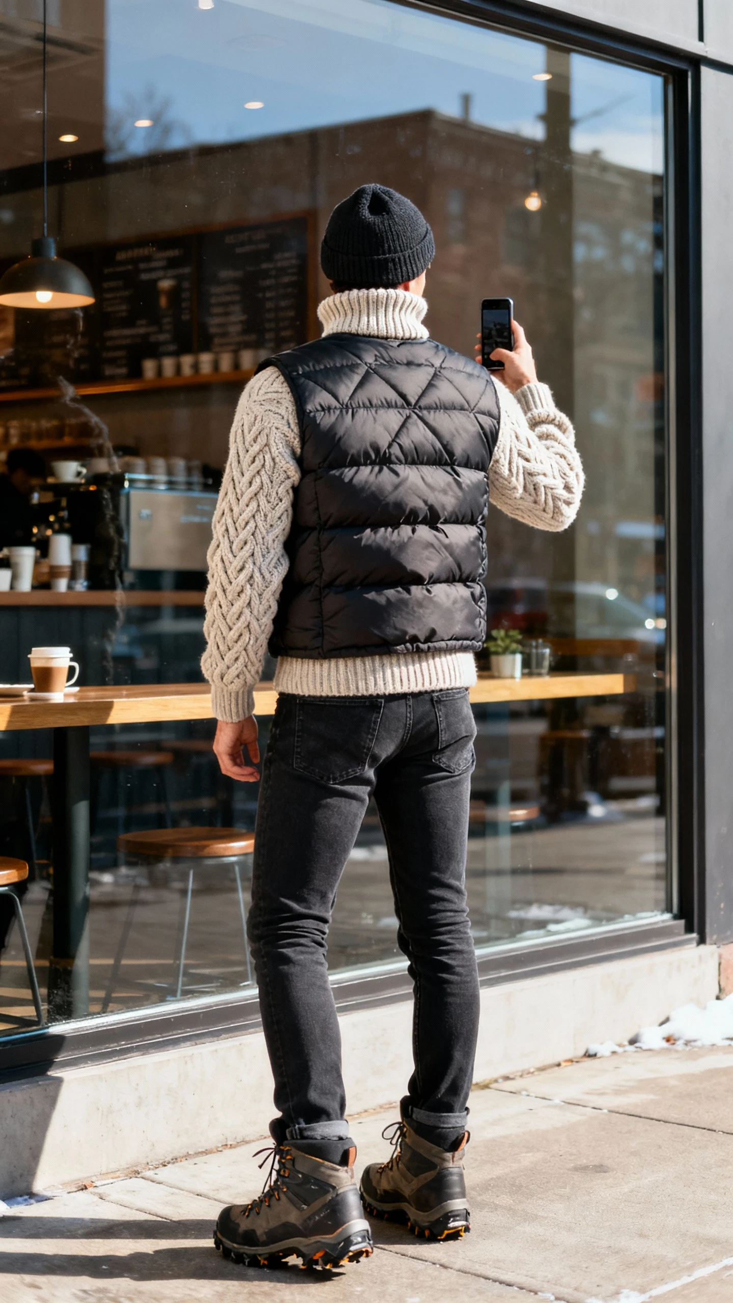 iPhone back-view selfie showing a man in an après-ski city look: chunky cable-knit turtleneck, quilted puffer vest, slim dark jeans, rugged hiking-inspired boots, and a beanie, taken in a coffee shop window reflection with afternoon daylight, face not visible, natural iPhone photo quality.