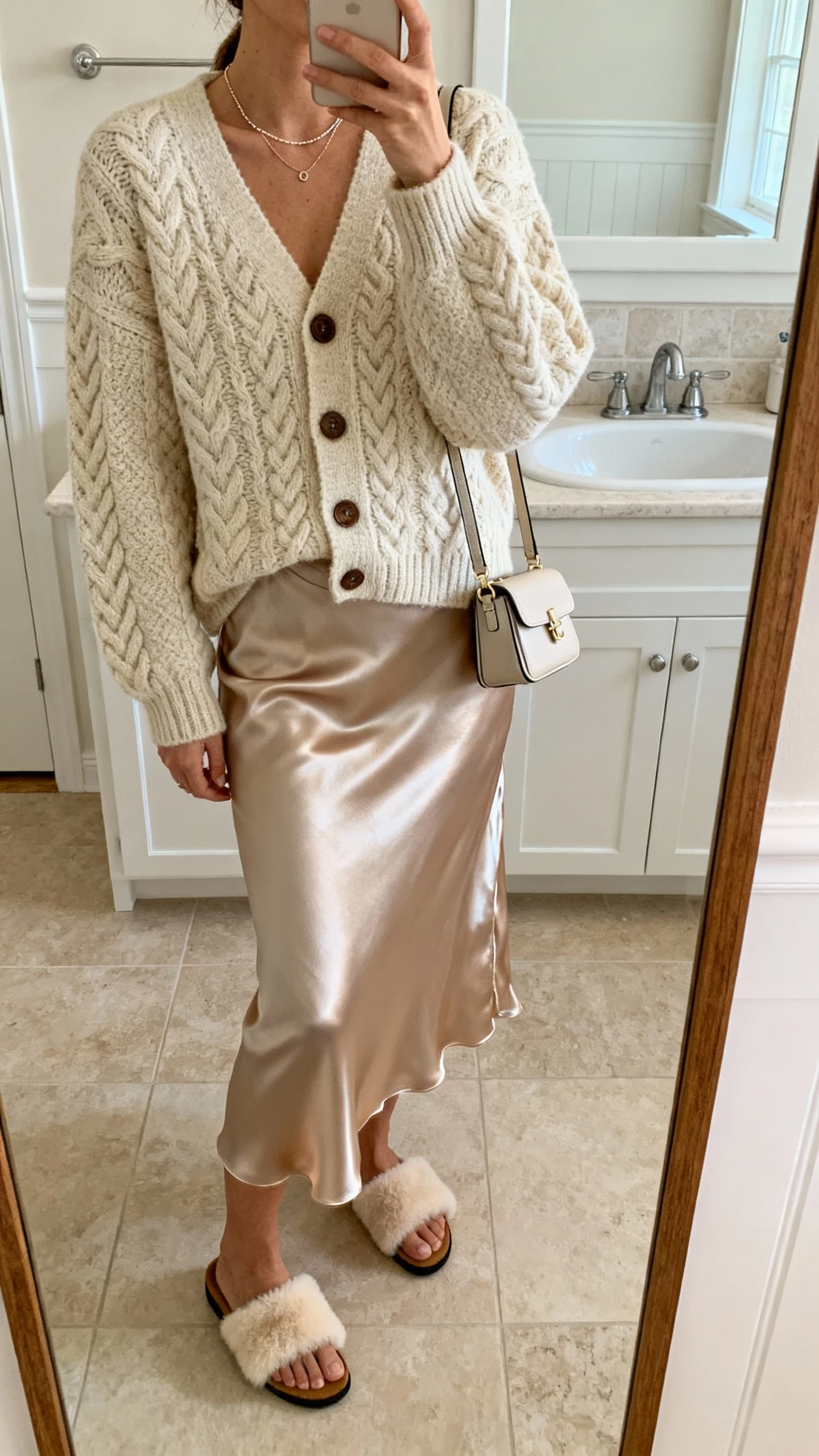 iPhone bathroom mirror selfie of a woman in a cable-knit cardigan buttoned over a satin slip skirt, shearling-lined mules, dainty necklace, mini shoulder bag, face not visible, soft indoor lighting, natural iPhone photo quality