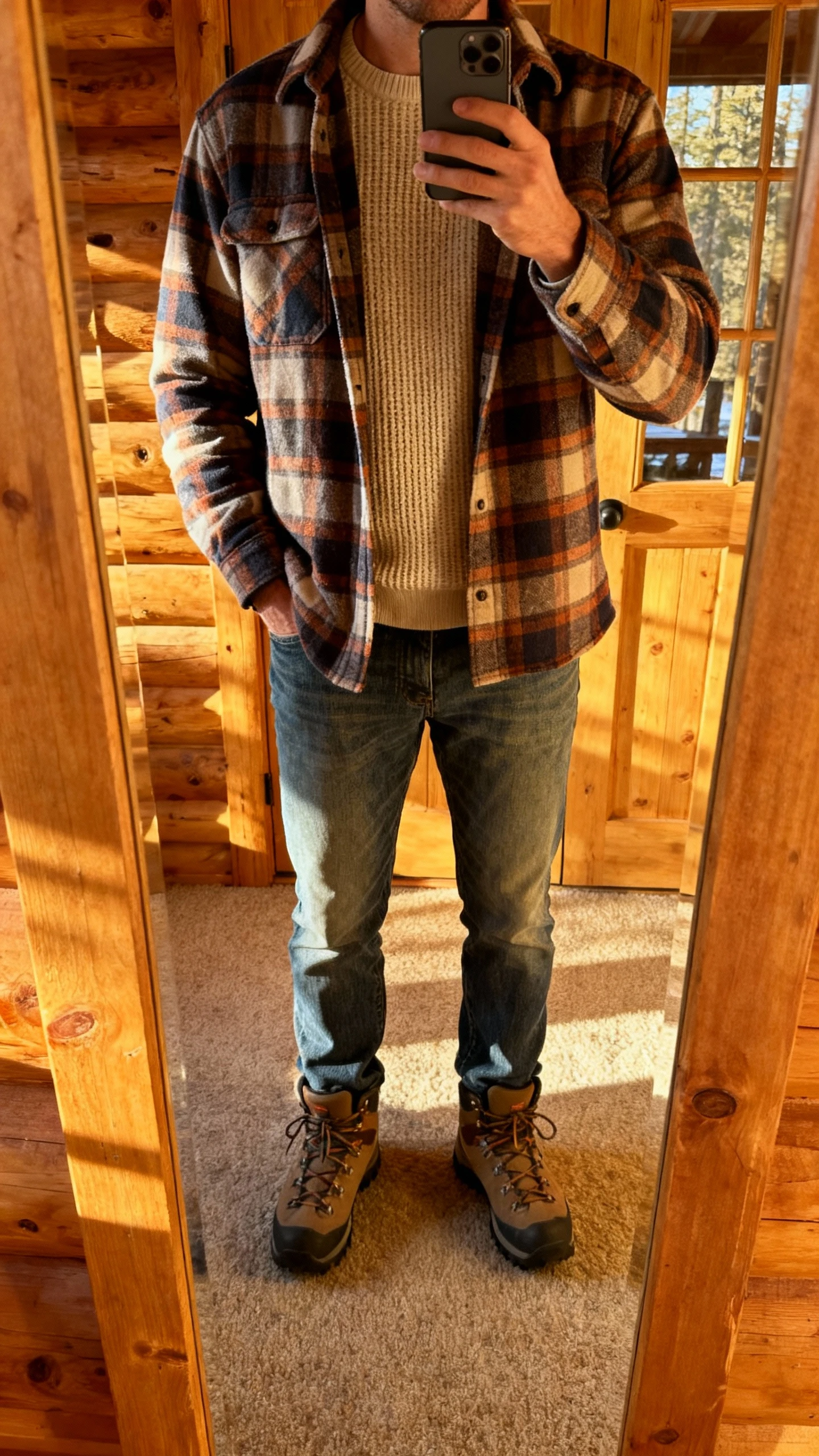 iPhone cabin mirror selfie of a man wearing a plaid flannel shirt over a waffle-knit thermal with relaxed jeans and hiking boots, face not visible, late afternoon natural light, casual iPhone photo.