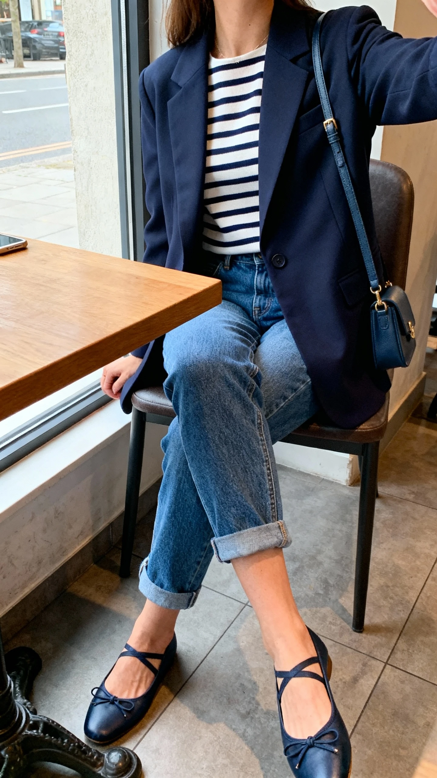 iPhone cafe table selfie cropped at shoulders showing a woman in a navy blazer over Breton stripes, cropped blue denim, ballet flats, and a small shoulder bag; face not visible, window-side cafe seat, natural daylight, casual iPhone aesthetic.