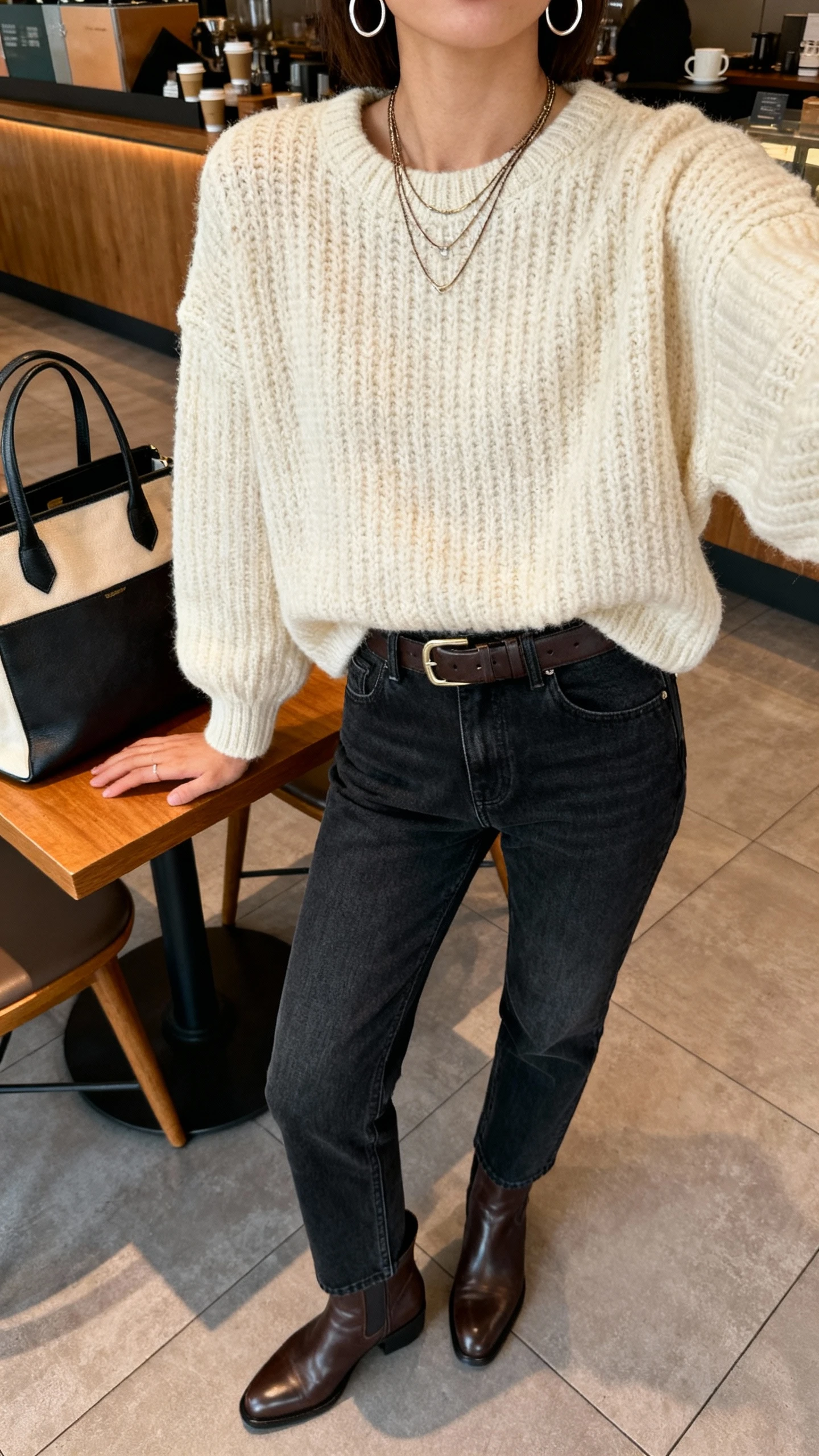 iPhone coffee shop table selfie cropped at neck of a woman wearing a boxy chunky knit sweater (cream), high-rise slim-straight dark-wash jeans, leather ankle boots, classic belt, everyday tote on chair, layered necklaces and simple hoops; face not visible, warm indoor light, natural iPhone quality.