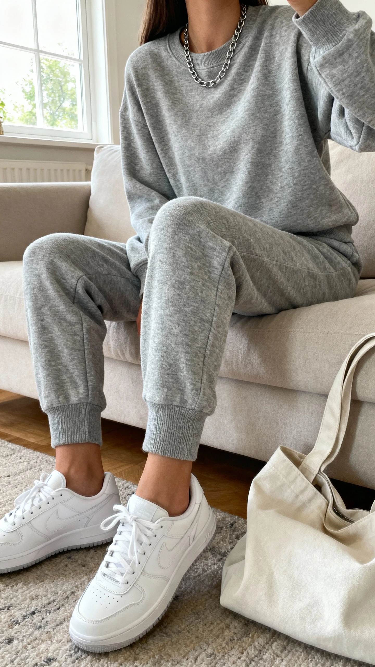iPhone couch selfie (cropped at neck) of a woman in a matching sporty knit set: crewneck sweater and knit joggers (heather gray), sleek white trainers, minimal chain necklace, slouchy tote nearby, face not visible, cozy living room, natural window light, iPhone photo quality.
