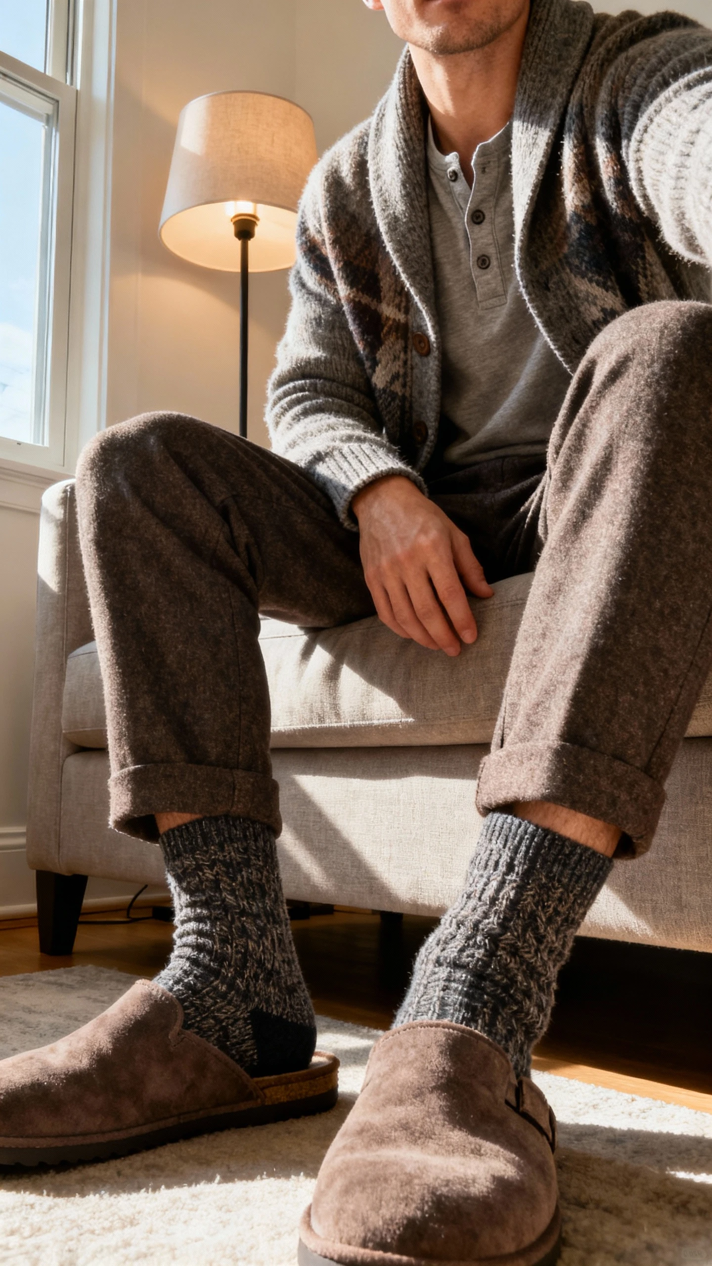 iPhone couch selfie from a low angle of a man wearing a cozy shawl-collar cardigan layered over a henley, relaxed wool trousers, textured socks, and suede house slippers, living room near a lamp and window light, face not visible, natural iPhone photo quality.