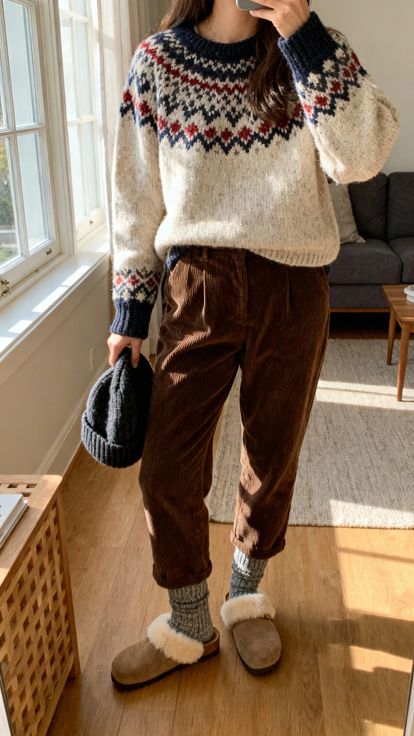 iPhone cozy living room selfie cropped at neck showing a woman in a Fair Isle sweater with corduroy pants, shearling-lined clogs, wool socks, and a beanie in hand, face not visible, warm afternoon window light, natural iPhone photo quality.
