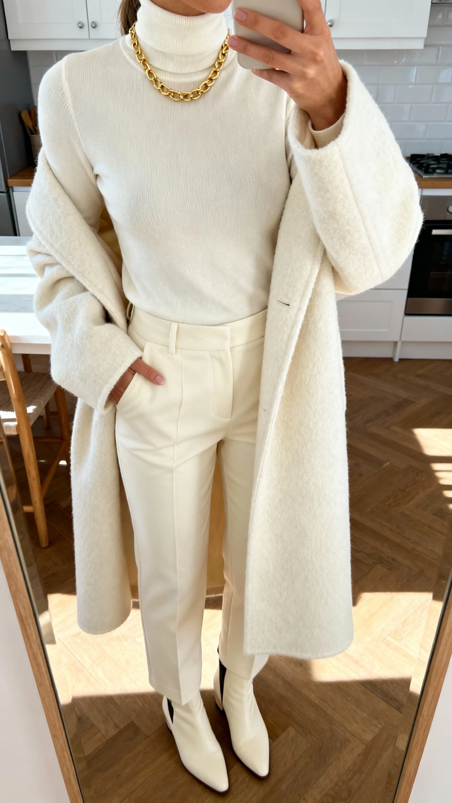 iPhone cropped-at-shoulders selfie of a woman in a head-to-toe cream look: cream turtleneck, cream tailored trousers, cream wool coat draped over shoulders, cream ankle boots, gold necklace, face not visible, bright kitchen with natural daylight, casual iPhone shot.