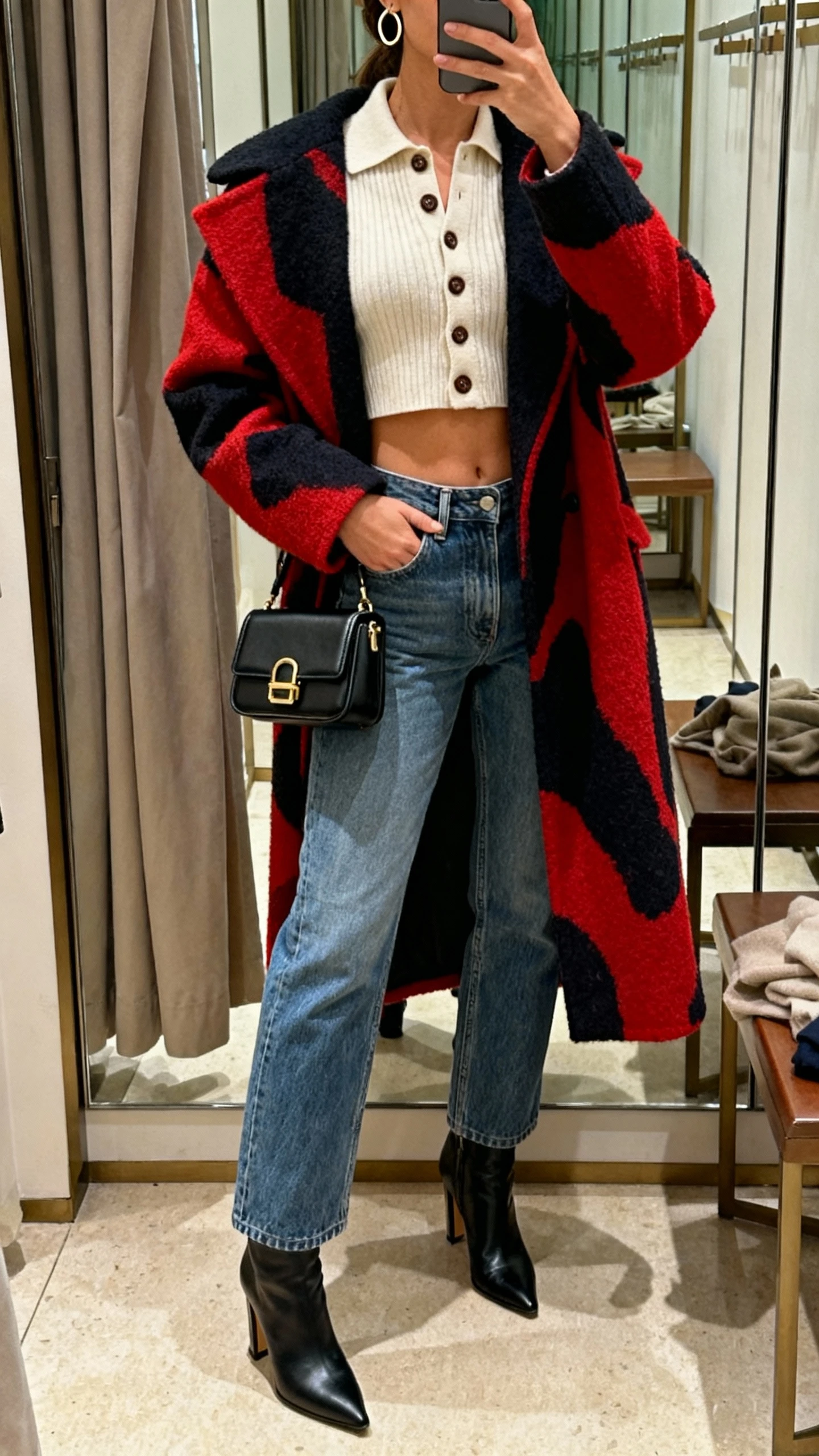 iPhone cropped-neck selfie of a woman wearing a cardigan buttoned as a top under a bold statement coat, high-rise jeans, heeled boots, hoop earrings, structured mini bag, face not visible, boutique dressing-room mirror, warm indoor light, iPhone photo quality.