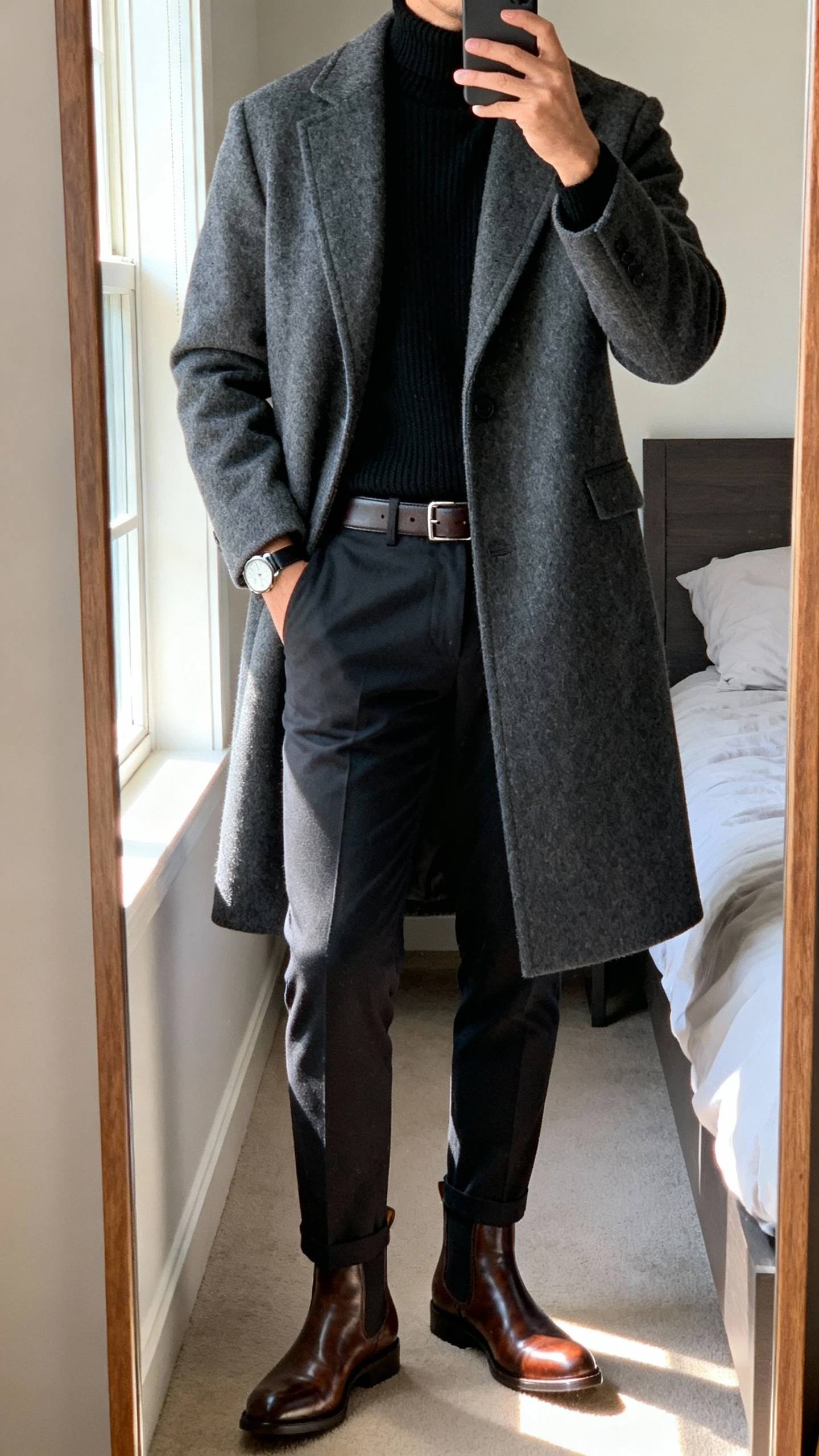 iPhone mirror selfie of a man wearing a charcoal wool overcoat layered over a black rollneck sweater, tailored dark trousers, polished leather Chelsea boots, leather belt, and a simple watch; cropped at neck, bedroom full-length mirror, window light, face not visible, natural iPhone photo quality.
