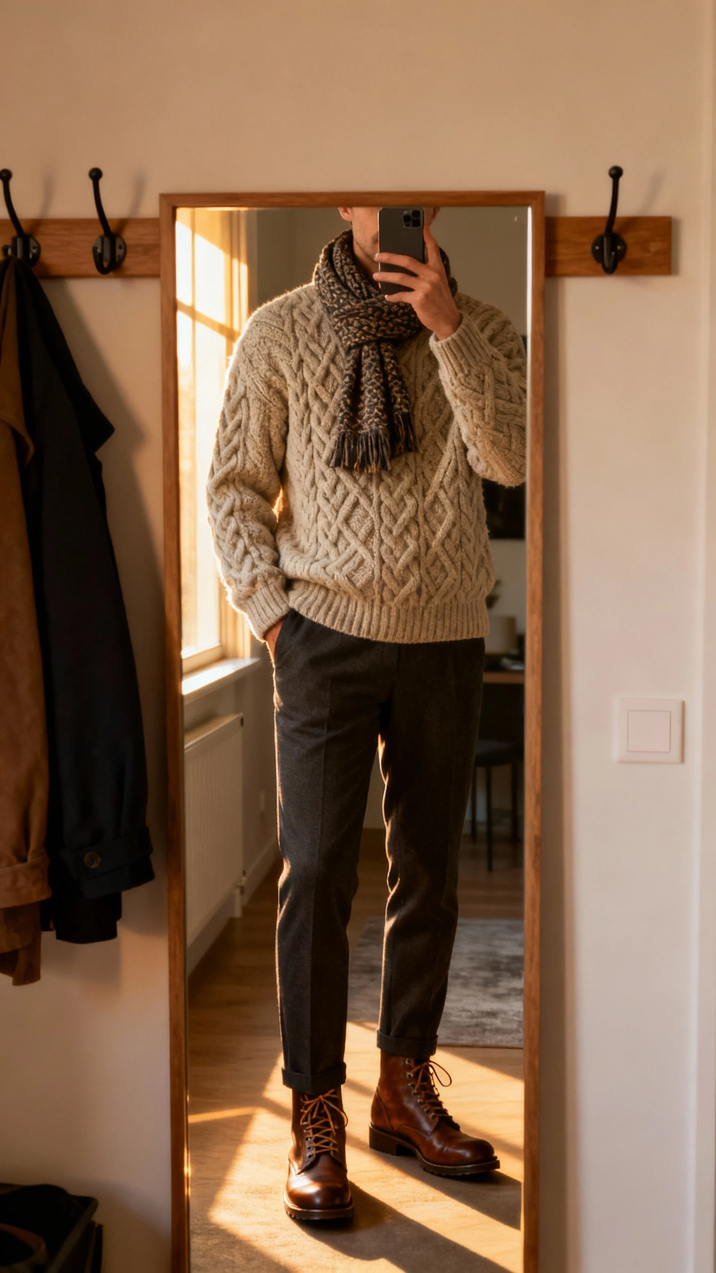 iPhone mirror selfie of a man wearing a chunky cable-knit sweater, sharp dress pants, lace-up leather boots, and a textured scarf, face not visible, entryway mirror with coat hooks, late afternoon window light, natural iPhone aesthetic.