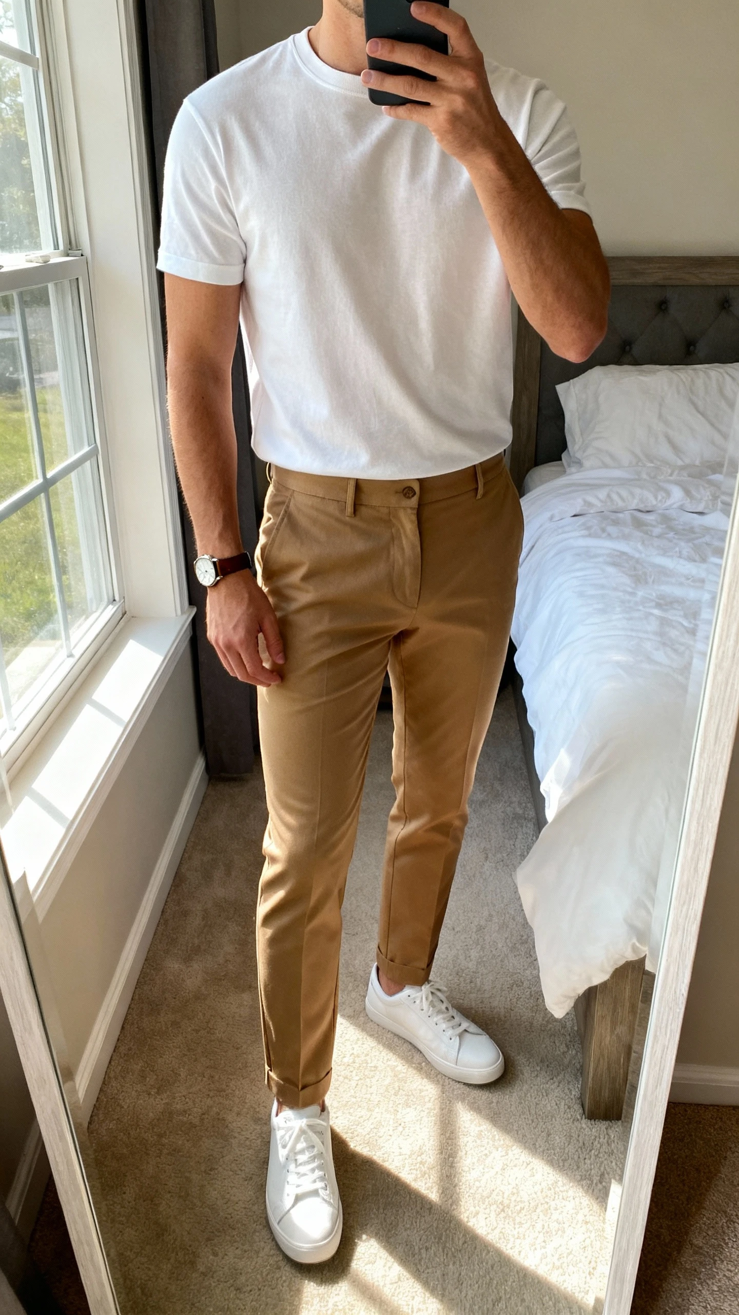 iPhone mirror selfie of a man wearing a clean white crewneck tee tucked into slim tailored tan chinos with white low-top sneakers and a simple leather watch, face not visible, cropped at neck, bedroom mirror with morning window light, natural iPhone photo quality.