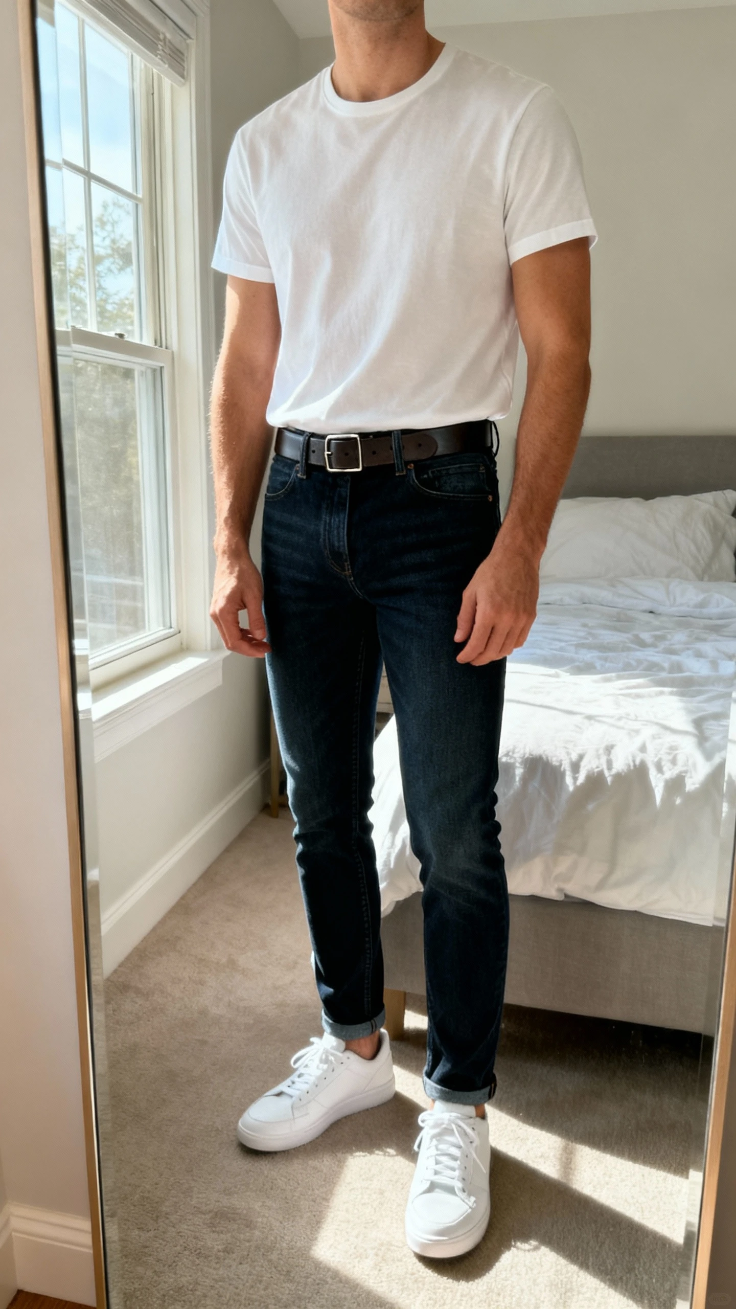 iPhone mirror selfie of a man wearing a crisp white tee tucked into dark indigo slim jeans with a clean leather belt and white sneakers, face not visible, cropped at neck, bedroom mirror with morning window light, natural iPhone photo quality.