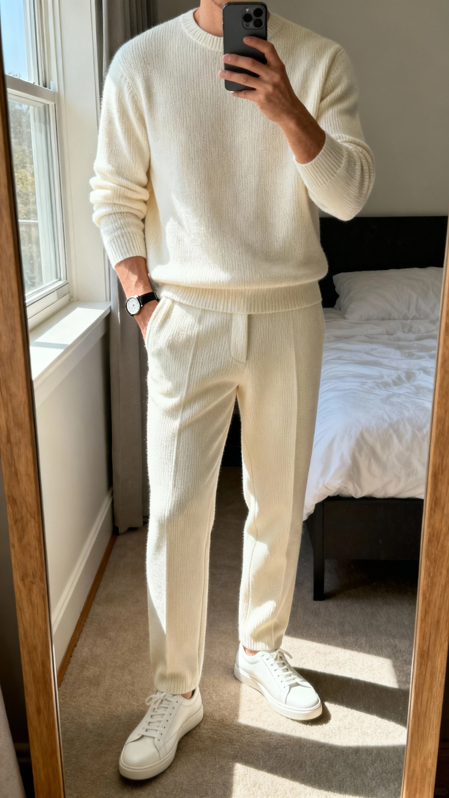 iPhone mirror selfie of a man wearing a matching elevated knit set: fine-gauge crewneck sweater and tailored knit trousers in cream with minimalist white leather sneakers and a slim watch, cropped at neck, bedroom mirror with morning window light, face not visible, natural iPhone photo quality.