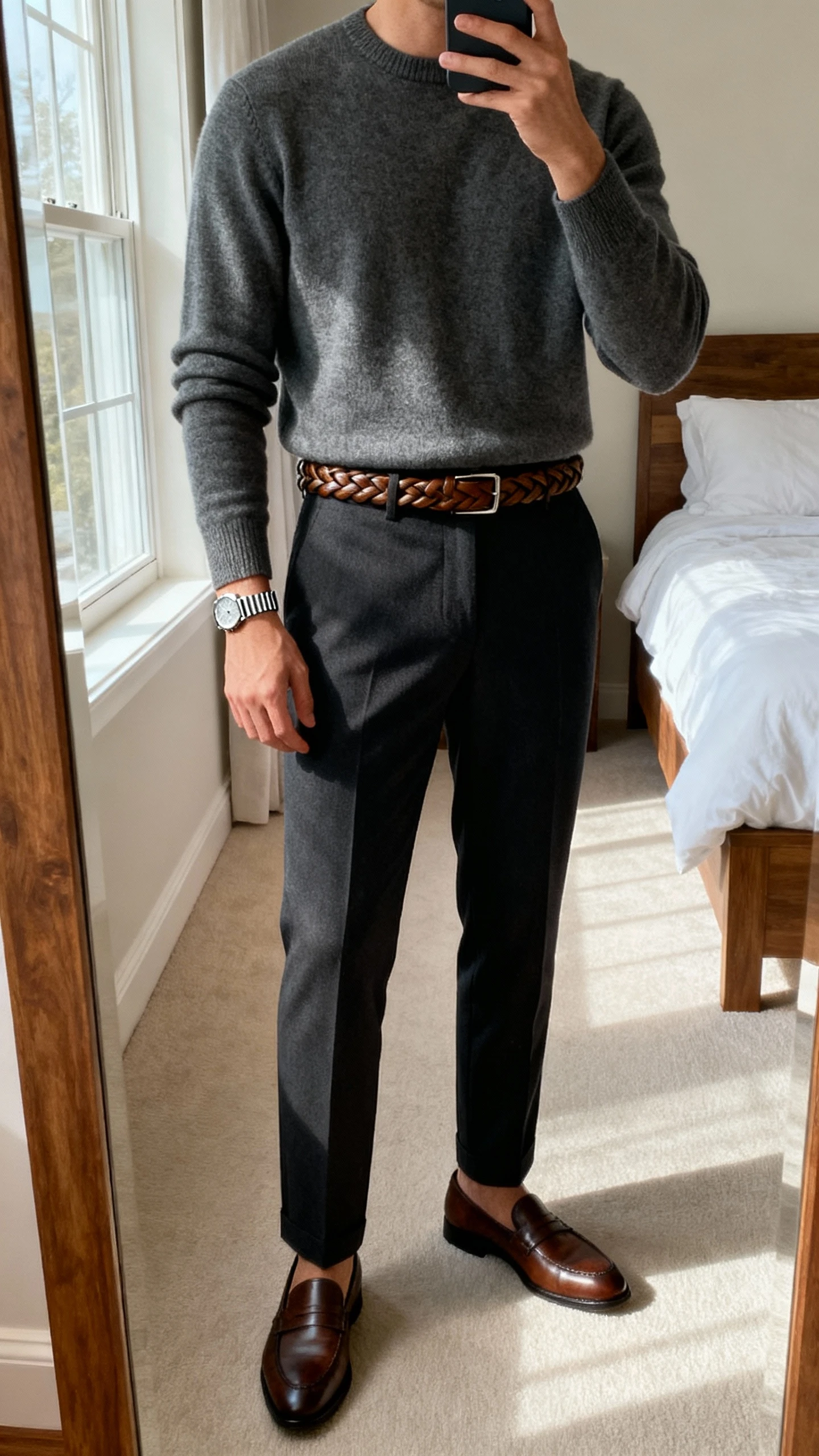 iPhone mirror selfie of a man wearing a refined crewneck sweater tucked into tailored trousers with a braided leather belt, loafers, and a slim metal watch, face not visible, bedroom full-length mirror, soft window light, natural iPhone photo.