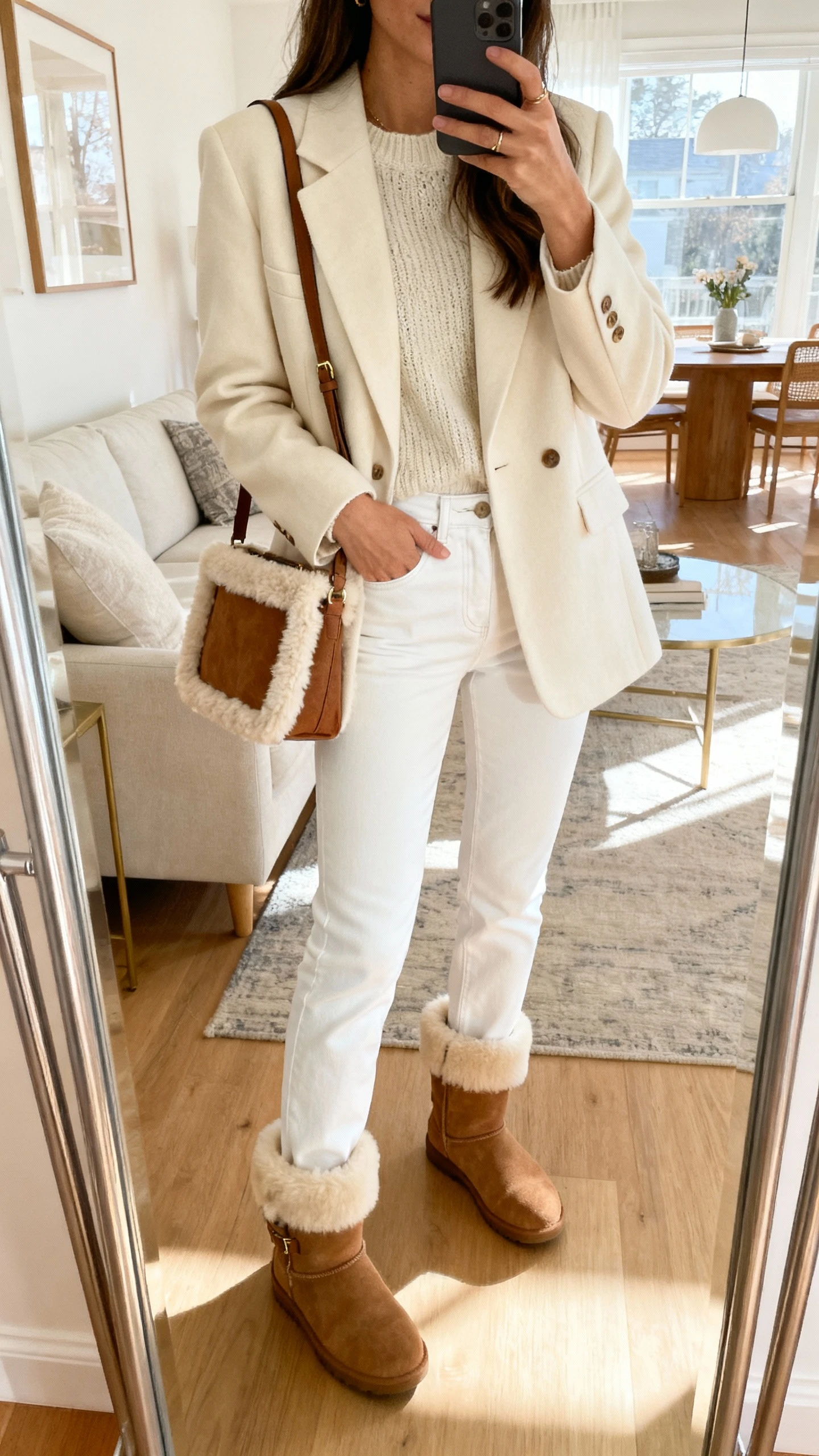 iPhone mirror selfie of a woman in a cream blazer with winter white jeans, soft knit top, shearling-lined boots, and a shearling-trim bag; face not visible, bright living room mirror, morning light, natural iPhone photo quality.