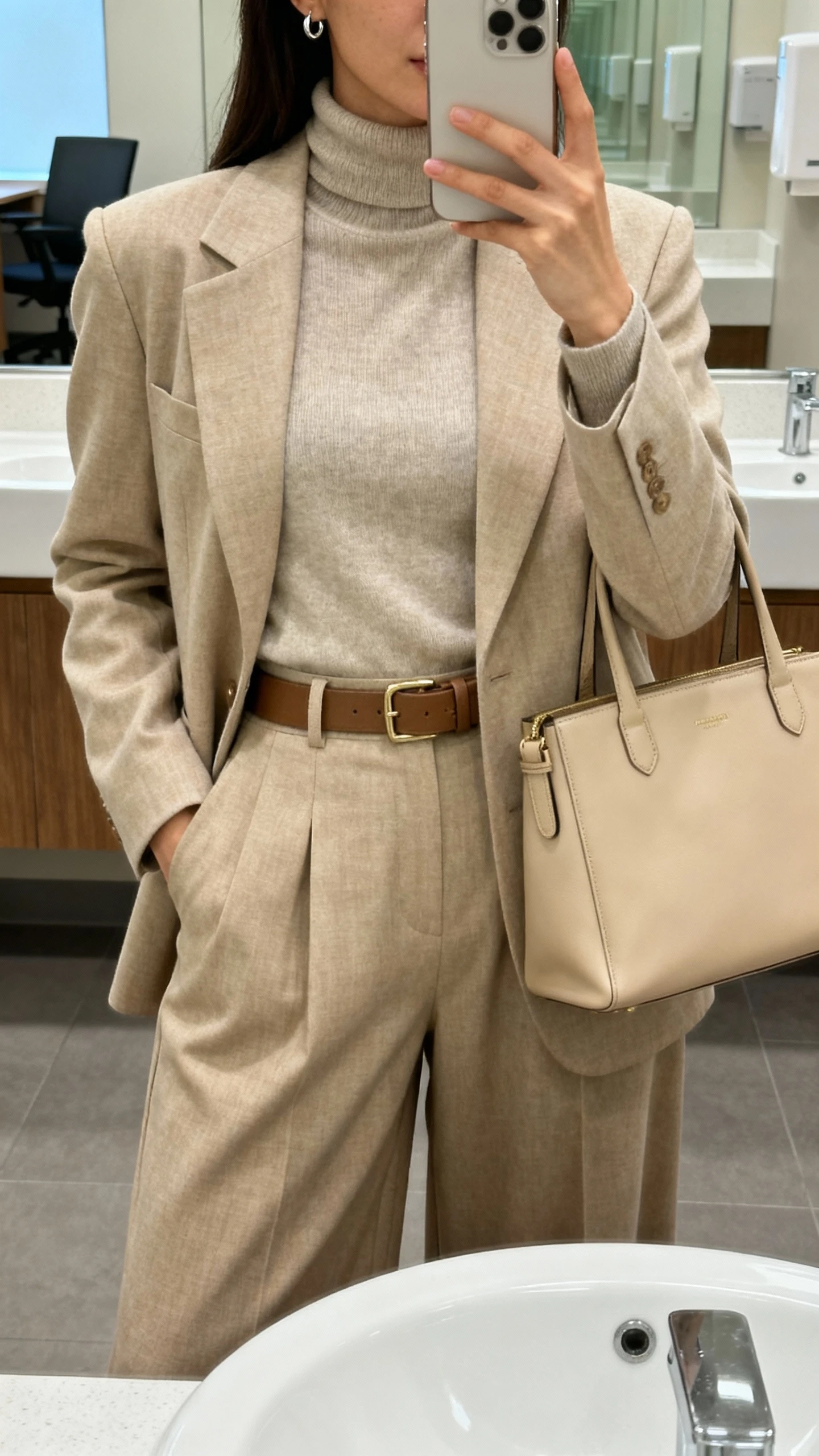iPhone mirror selfie of a woman in a monochrome stack: matching tonal turtleneck, blazer, and wide-leg trousers with same-color belt and bag, minimal earrings, face not visible, office restroom mirror, indoor lighting, natural iPhone photo quality.