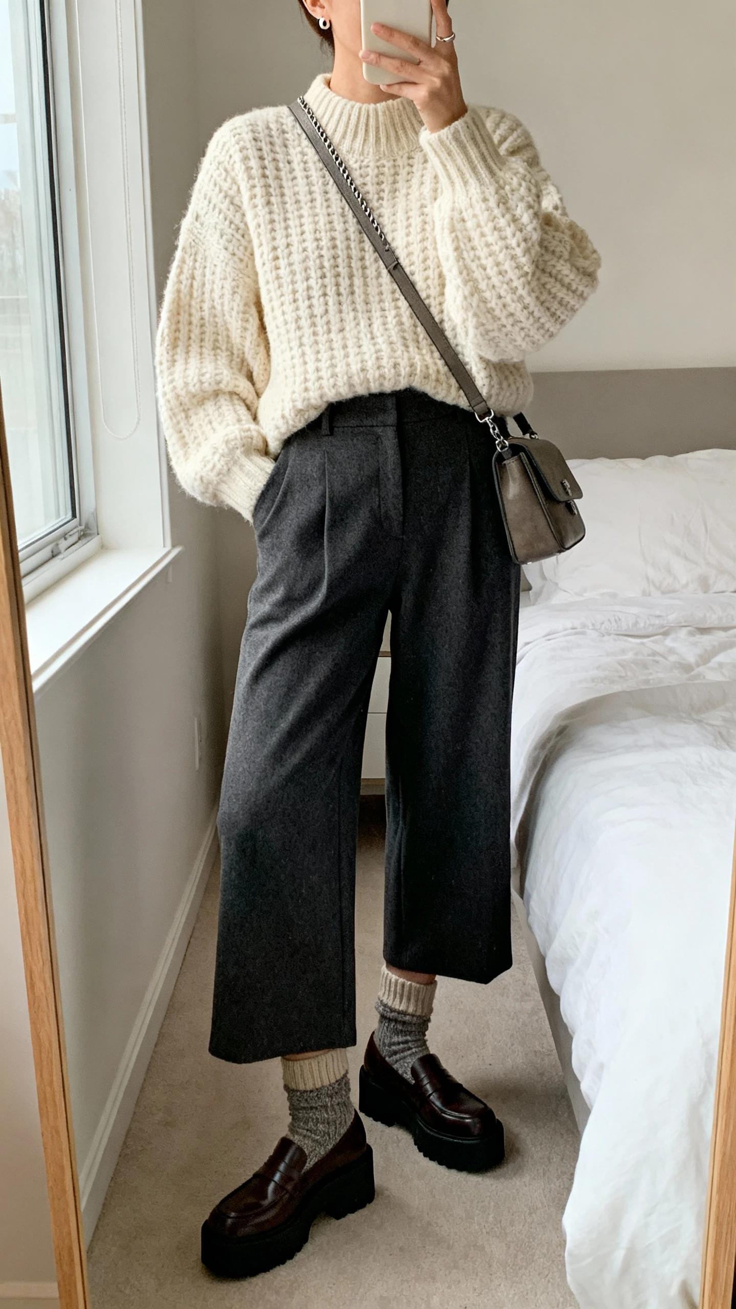 iPhone mirror selfie of a woman wearing a chunky knit sweater in cream with high-waisted wide-leg trousers in charcoal, platform loafers, wool-blend socks peeking, a structured crossbody bag, minimal stud earrings and a thin chain, face not visible, cropped at neck, bedroom mirror, natural window light, iPhone photo quality.