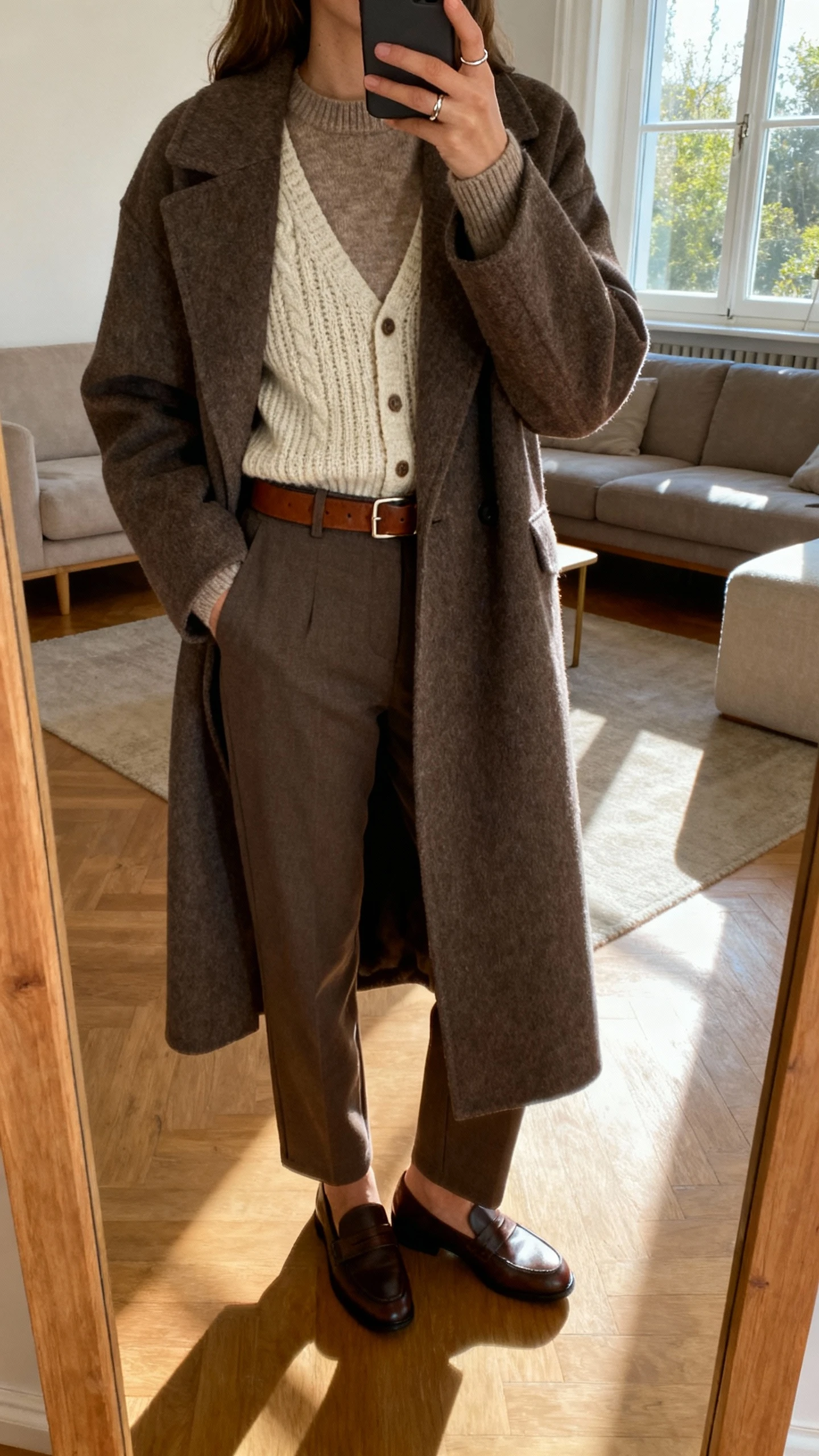 iPhone mirror selfie of a woman wearing a knit vest over a crewneck sweater under a long wool coat, straight trousers, loafers, leather belt, minimal rings, face not visible, cropped at shoulders, living room mirror, natural window light, iPhone photo quality.