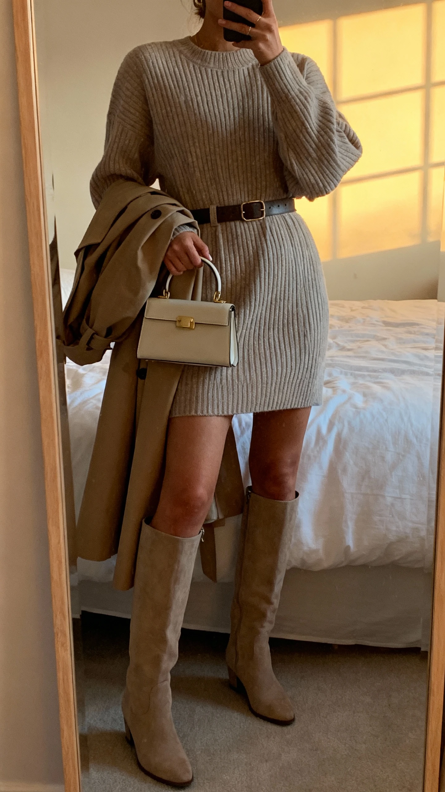 iPhone mirror selfie of a woman wearing a ribbed sweater dress with a waist belt, tall knee-high boots, trench coat on arm, small top-handle bag, face not visible, bedroom mirror, late afternoon window light, natural iPhone photo.
