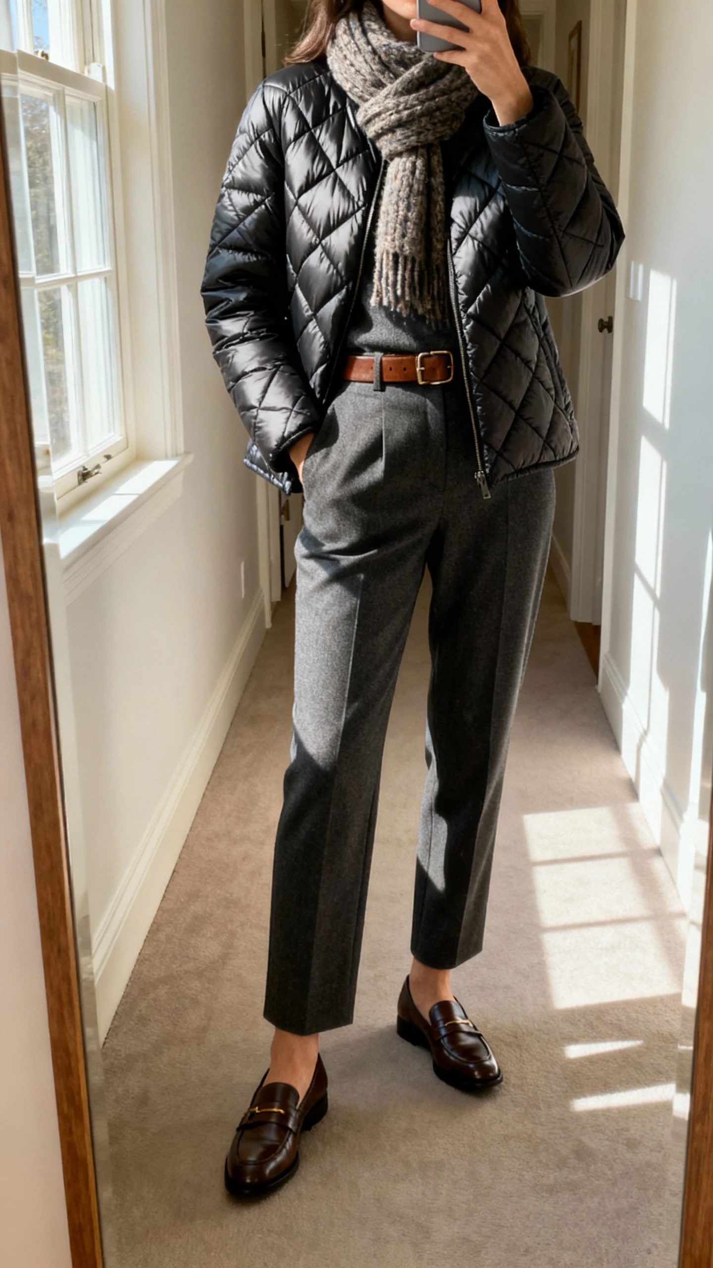 iPhone mirror selfie of a woman wearing a sleek quilted puffer jacket, tailored trousers, chunky scarf, leather belt, and polished loafers, face not visible, cropped at neck, hallway mirror with morning window light, natural iPhone photo quality.