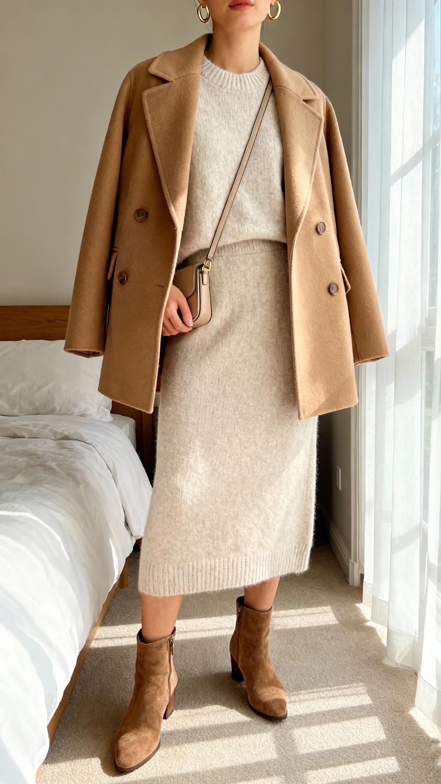 iPhone mirror selfie of a woman wearing a soft-toned knit sweater and matching skirt set under a camel structured coat, delicate gold hoops, slim crossbody, suede ankle boots, face not visible, cropped at neck in a cozy bedroom, morning window light, natural iPhone photo quality