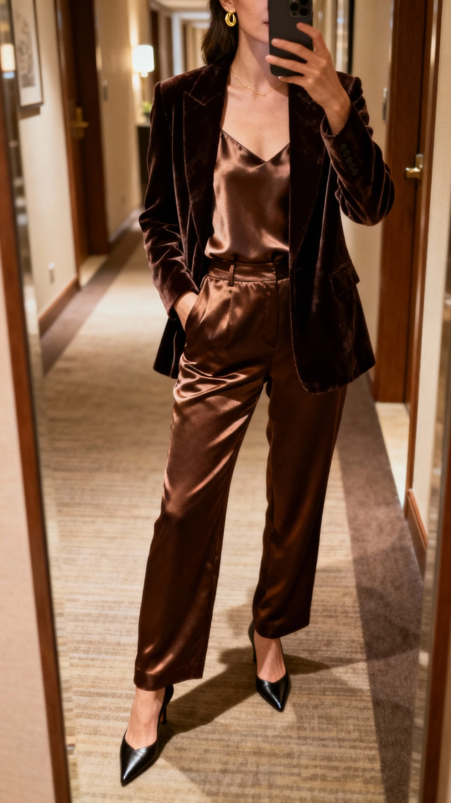 iPhone mirror selfie of a woman wearing a velvet blazer over a satin camisole with satin trousers, pointed heels, delicate gold earrings, face not visible, cropped at neck, hotel hallway mirror, warm indoor lighting, natural iPhone photo quality.