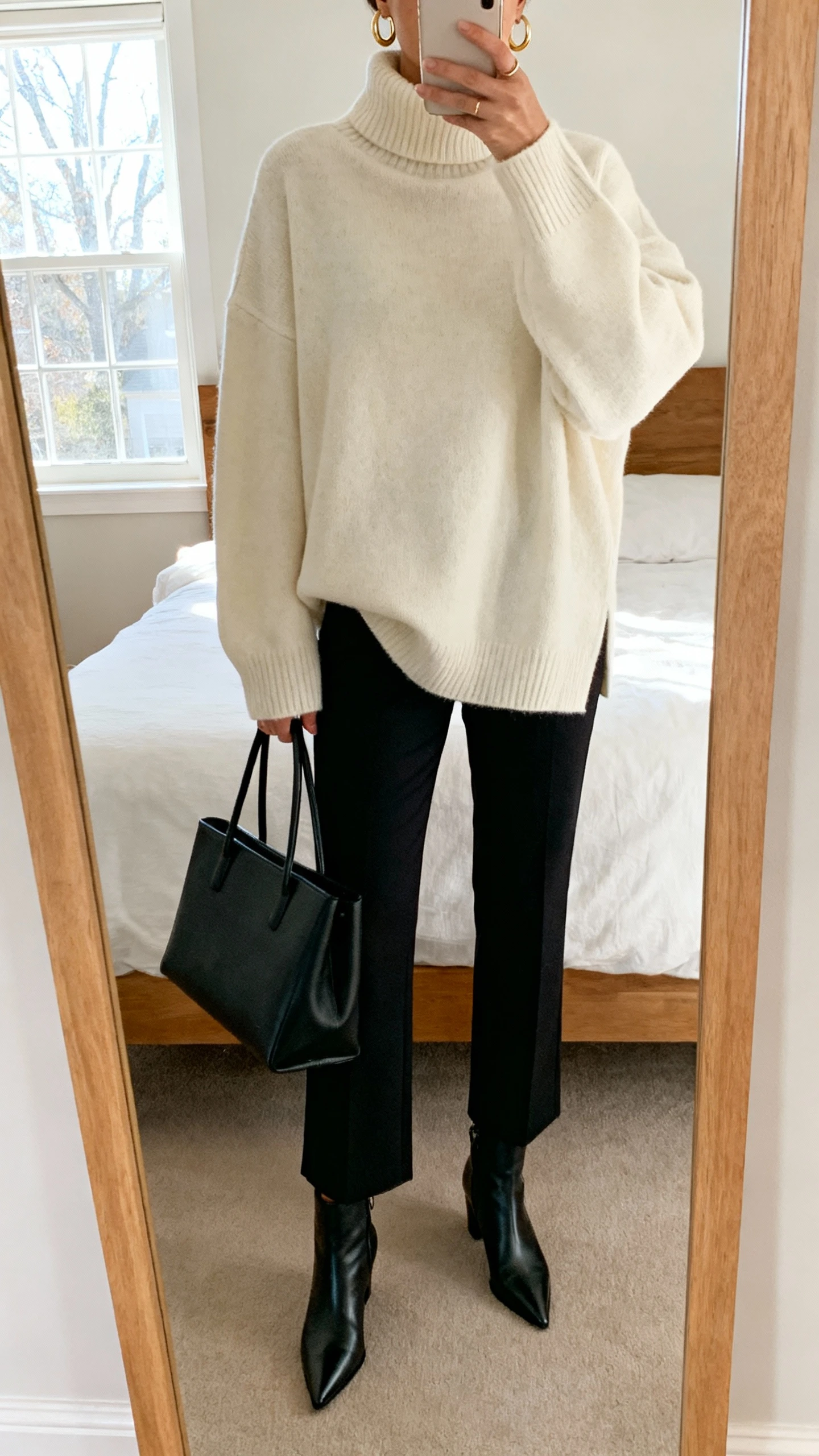 iPhone mirror selfie of a woman wearing an oversized cream turtleneck sweater with sleek black cigarette pants, pointed ankle boots, minimal gold hoops, structured black tote, face not visible, cropped at neck, bedroom mirror with morning window light, natural iPhone photo quality.