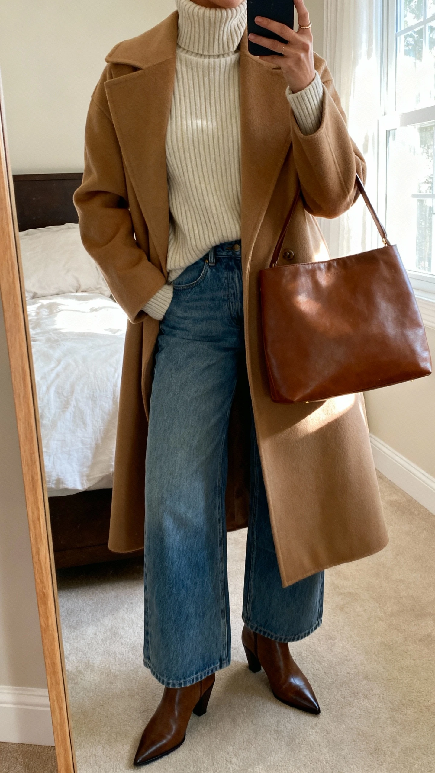 iPhone mirror selfie of a woman wearing wide-leg jeans, a luxe ribbed turtleneck sweater, and a longline camel coat with pointed-toe ankle boots and a structured leather tote, face not visible, cropped at neck, bedroom mirror, soft morning window light, iPhone photo quality.