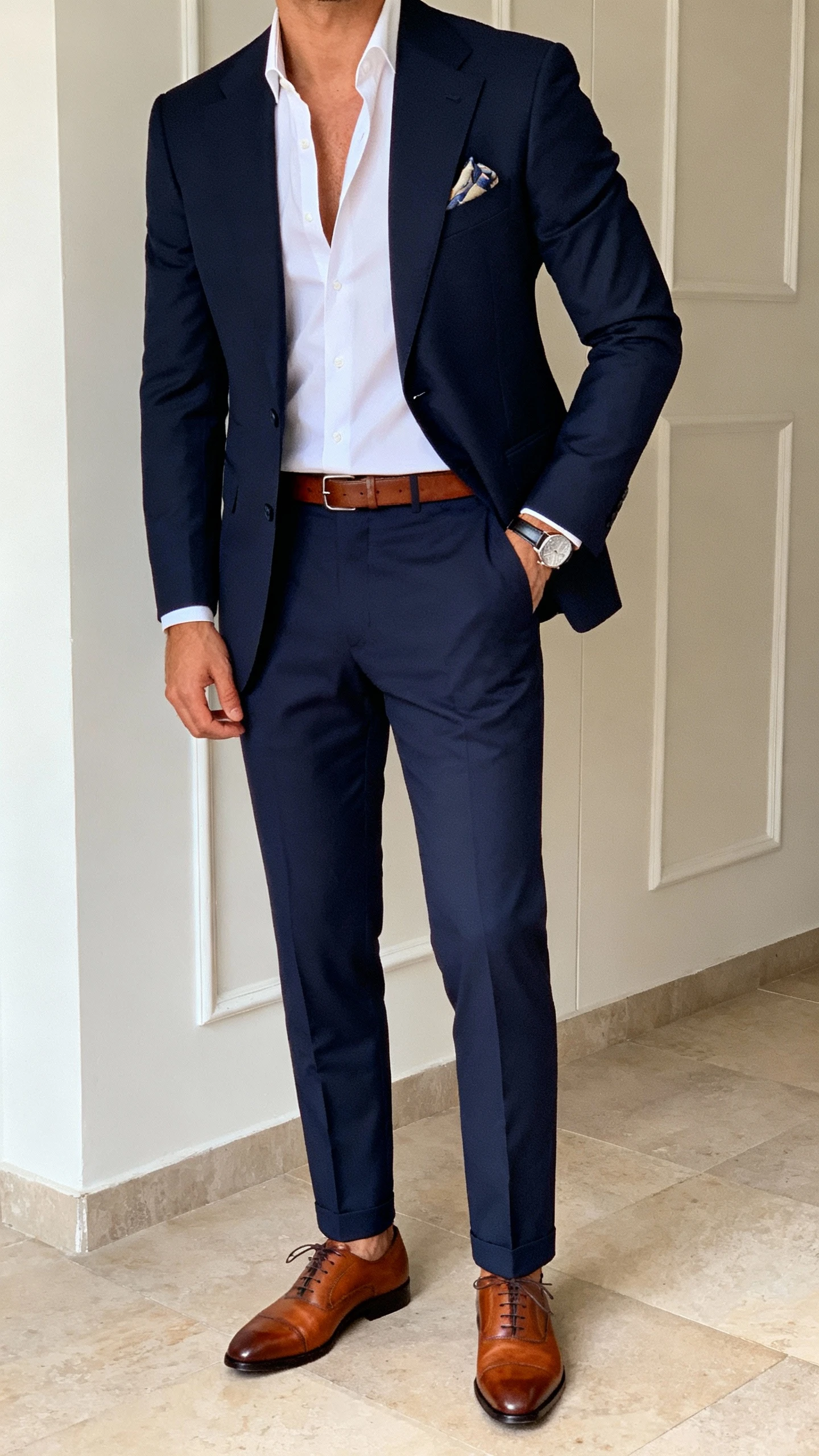 iPhone office elevator selfie of a man in a sharp navy suit with no tie, crisp white dress shirt open at collar, brown leather cap-toe oxfords, brown belt, pocket square, slim watch, face not visible, cropped at shoulders, natural indoor light, casual iPhone aesthetic
