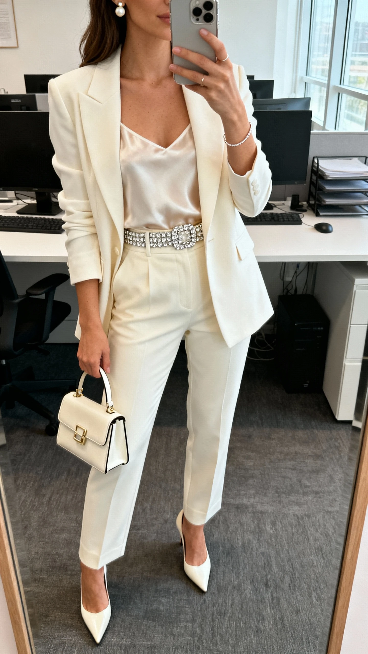 iPhone office mirror selfie of a woman in a cream tailored set (high-waisted trousers with matching blazer), silk camisole, crystal belt, pointed heels, structured mini tote, pearl studs, and a delicate bracelet; face not visible, morning natural light, natural iPhone photo quality.
